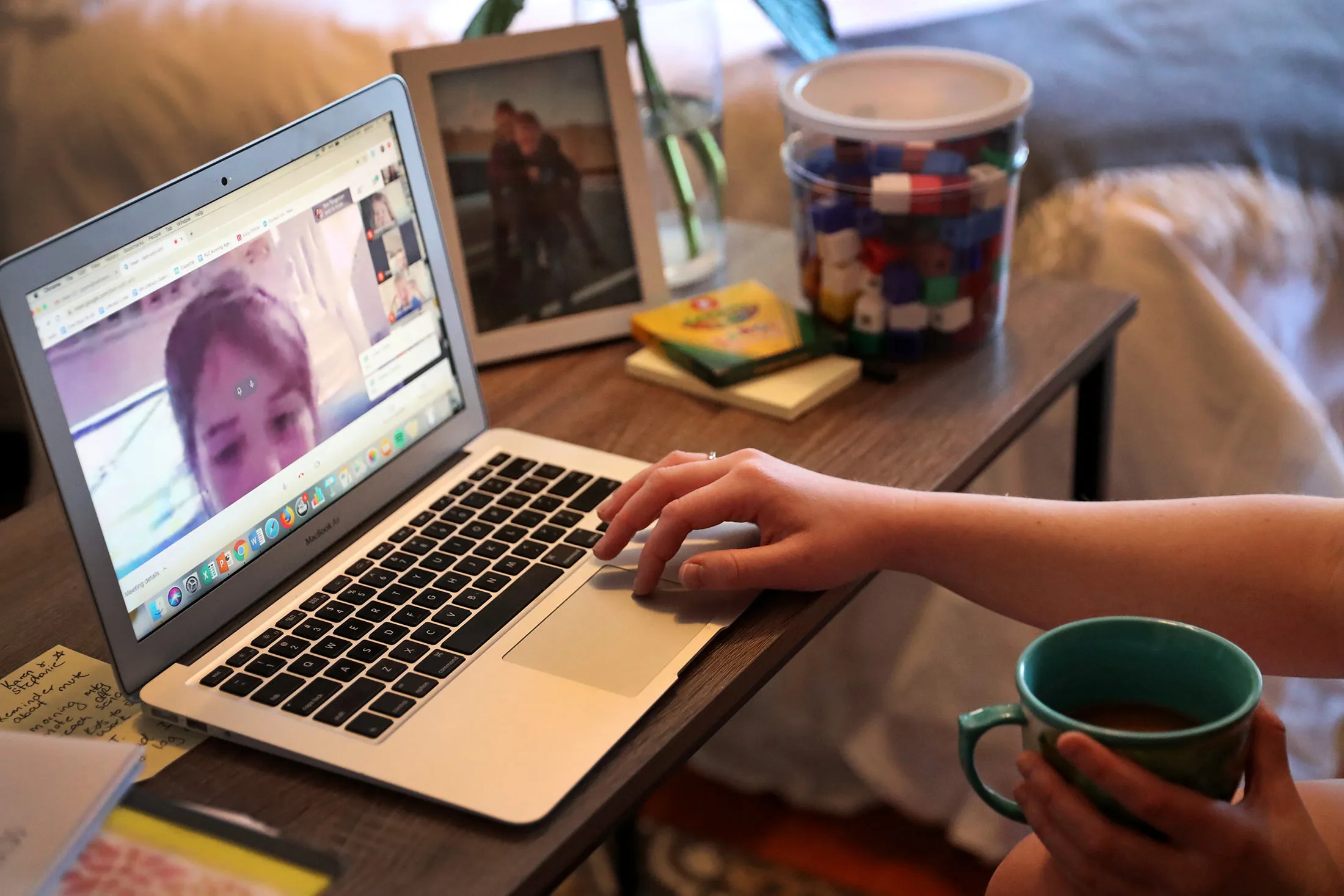 An elementary school teacher meets with her first-grade students on Google Meet from her home in Brookline, Massachusetts&nbsp;on March 27.&nbsp;