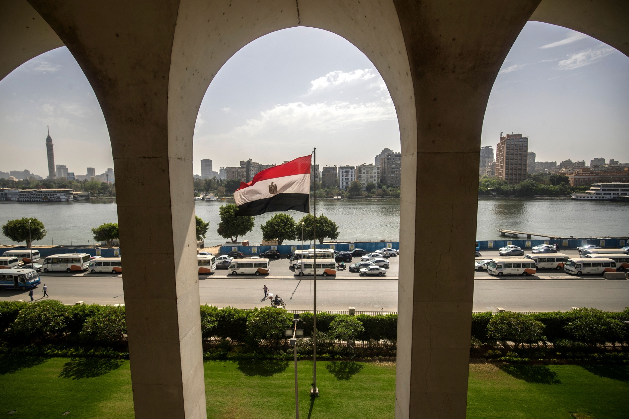 The Egyptian flag flies outside the foreign ministry headquarters in Cairo, Egypt. Photographer: Khaled Desouki/AFP