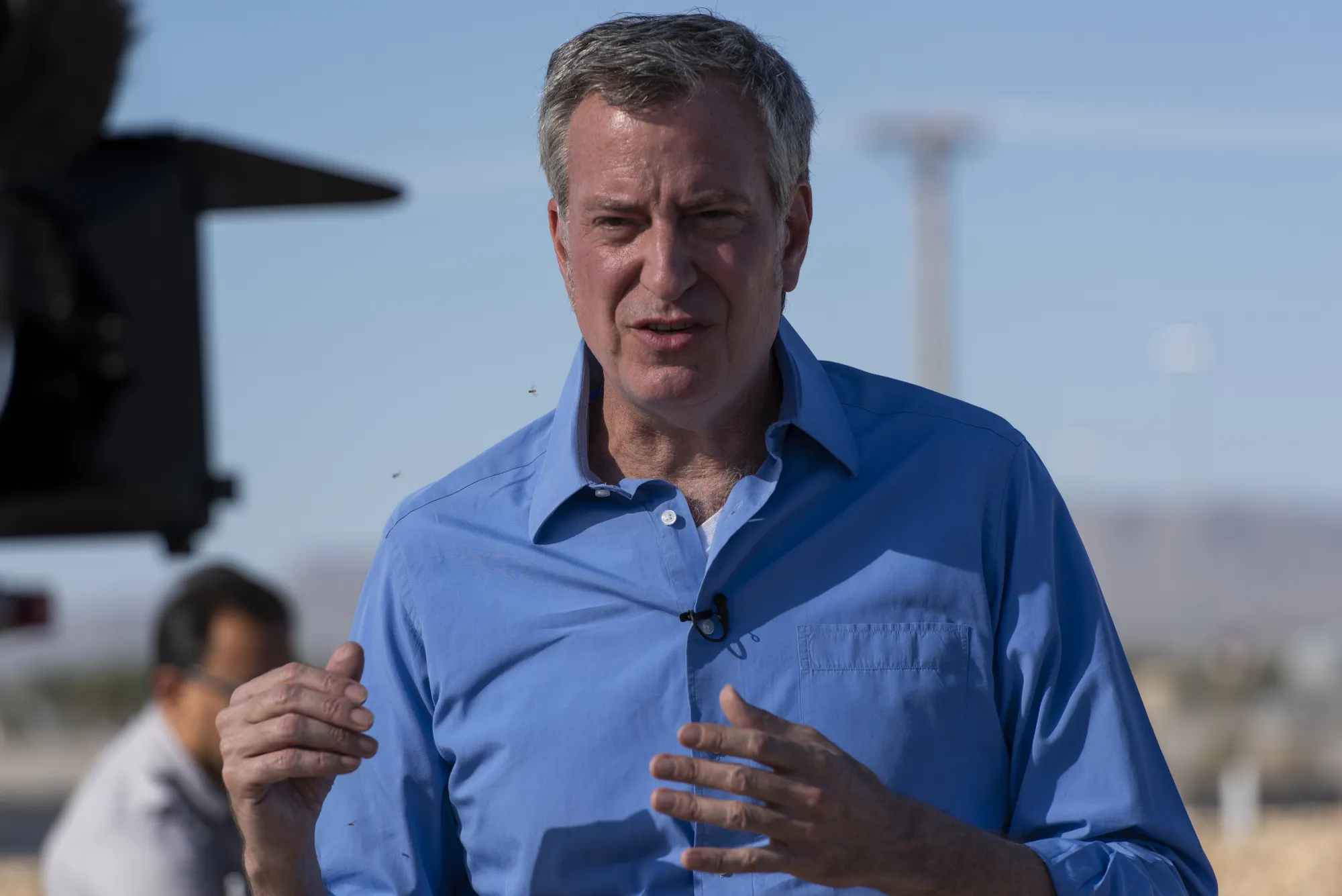 Bill de Blasio, mayor of New York, speaks during a news conference near the Tornillo Port of Entry in Tornillo, Texas on June 21, 2018.