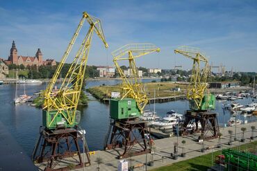 Three cranesaurs, harbor cranes Dzwigozaury, Szczecin, West Pomeranian Voivodeship, Poland