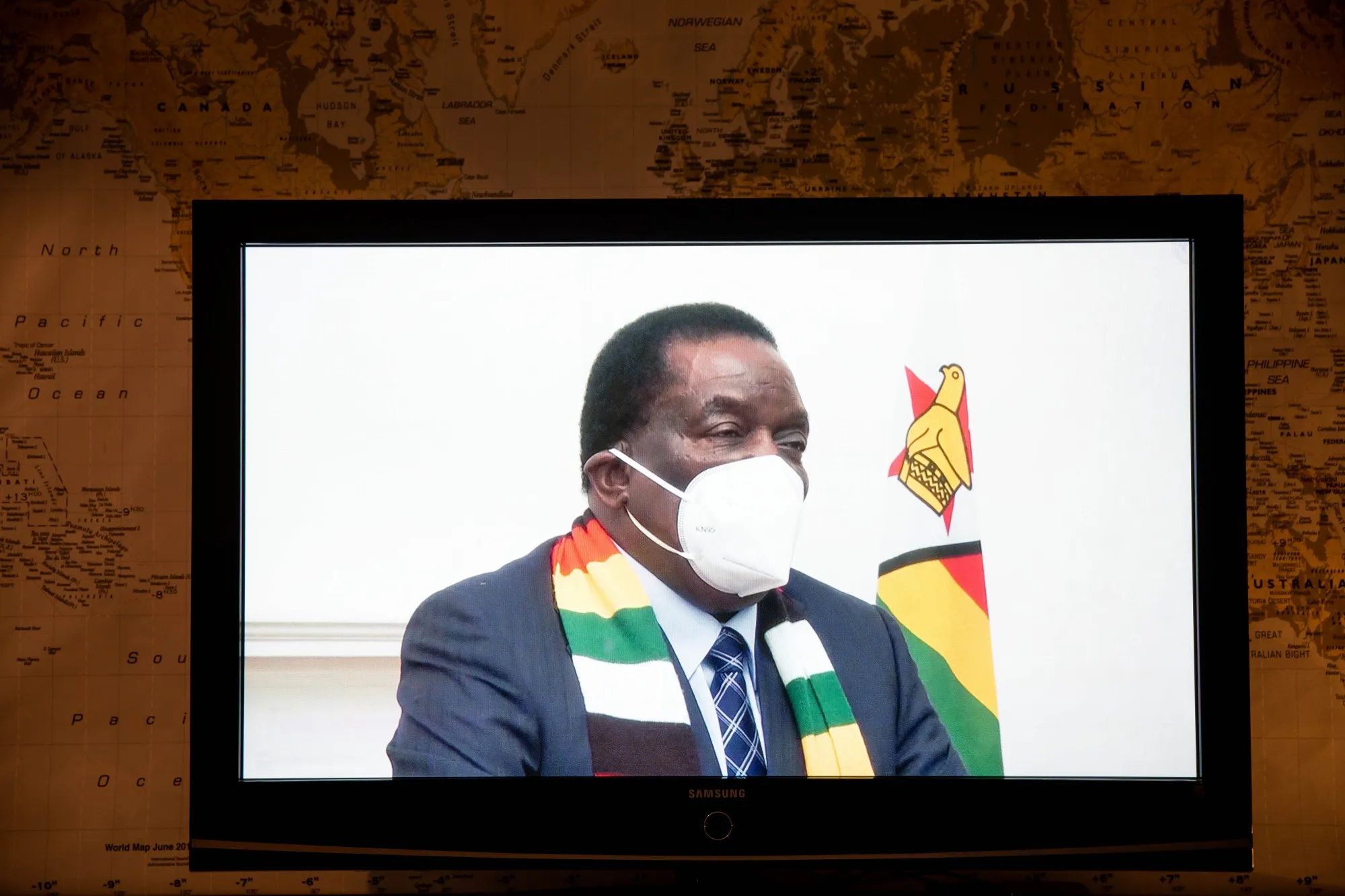 Emmerson Mnangagwa speaks via live stream during the United Nations General Assembly in 2021.