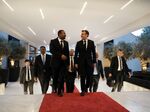 Ethiopian Prime Minister Abiy Ahmed welcomes French President Emmanuel Macron in Addis Ababa on March 12.
