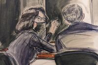 In this sketch, Ghislaine Maxwell, seated left, speaks to her defense attorney Christian Everdell during her trial in New York on Dec. 6.