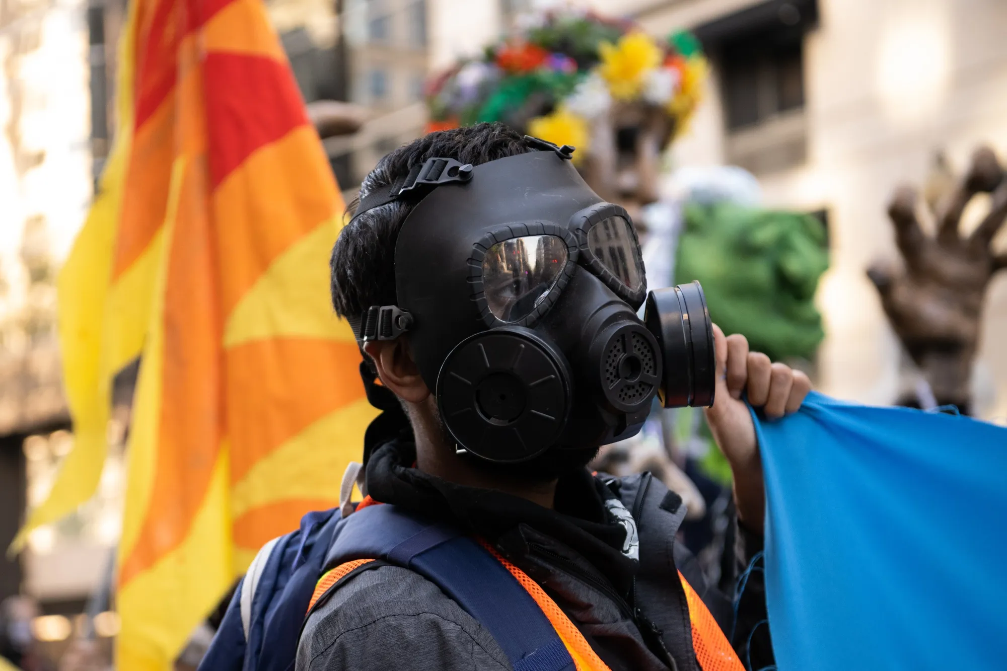A demonstrator with Extinction Rebellion marches during a protest against fossil fuels on Earth Day in Washington&nbsp;on Friday.