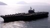 HONG KONG, CHINA: US navy aircraft carrier USS Constellation sails into Hong Kong waters 20 August, 2001 with its six-ship battle group for port call. 15 American warships including the Constellation held naval exercise last Friday in South China Sea before visiting Hong Kong. AFP PHOTO / Peter PARKS (Photo credit should read PETER PARKS/AFP via Getty Images)