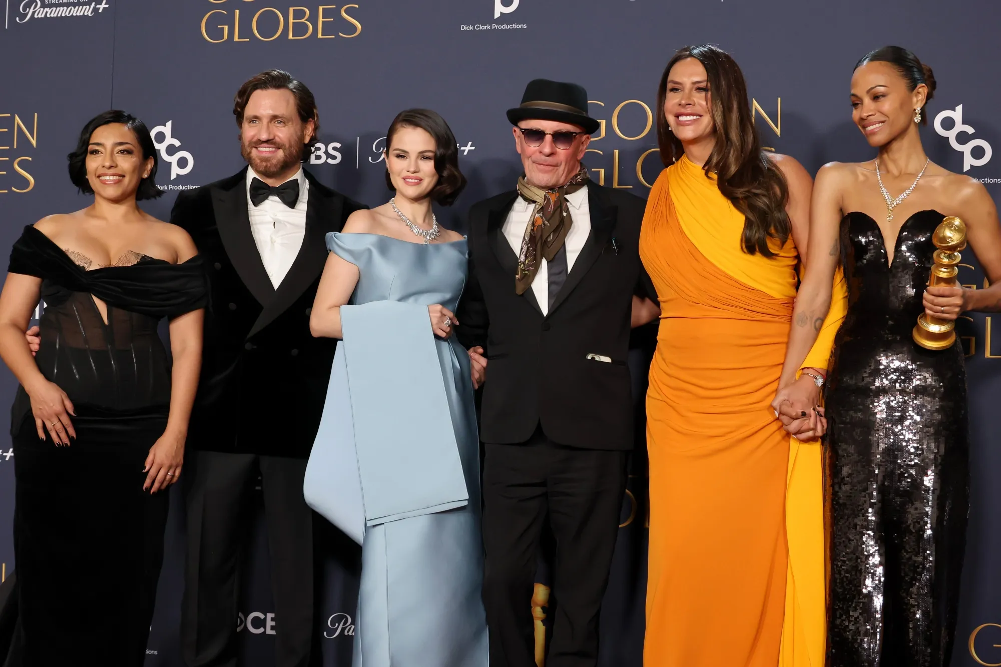 Adriana Paz, Edgar Ramirez, Selena Gomez, Jacques Audiard, Karla Sofia Gascon and Zoe Saldana, of "Emilia Pérez," at the Golden Globes.