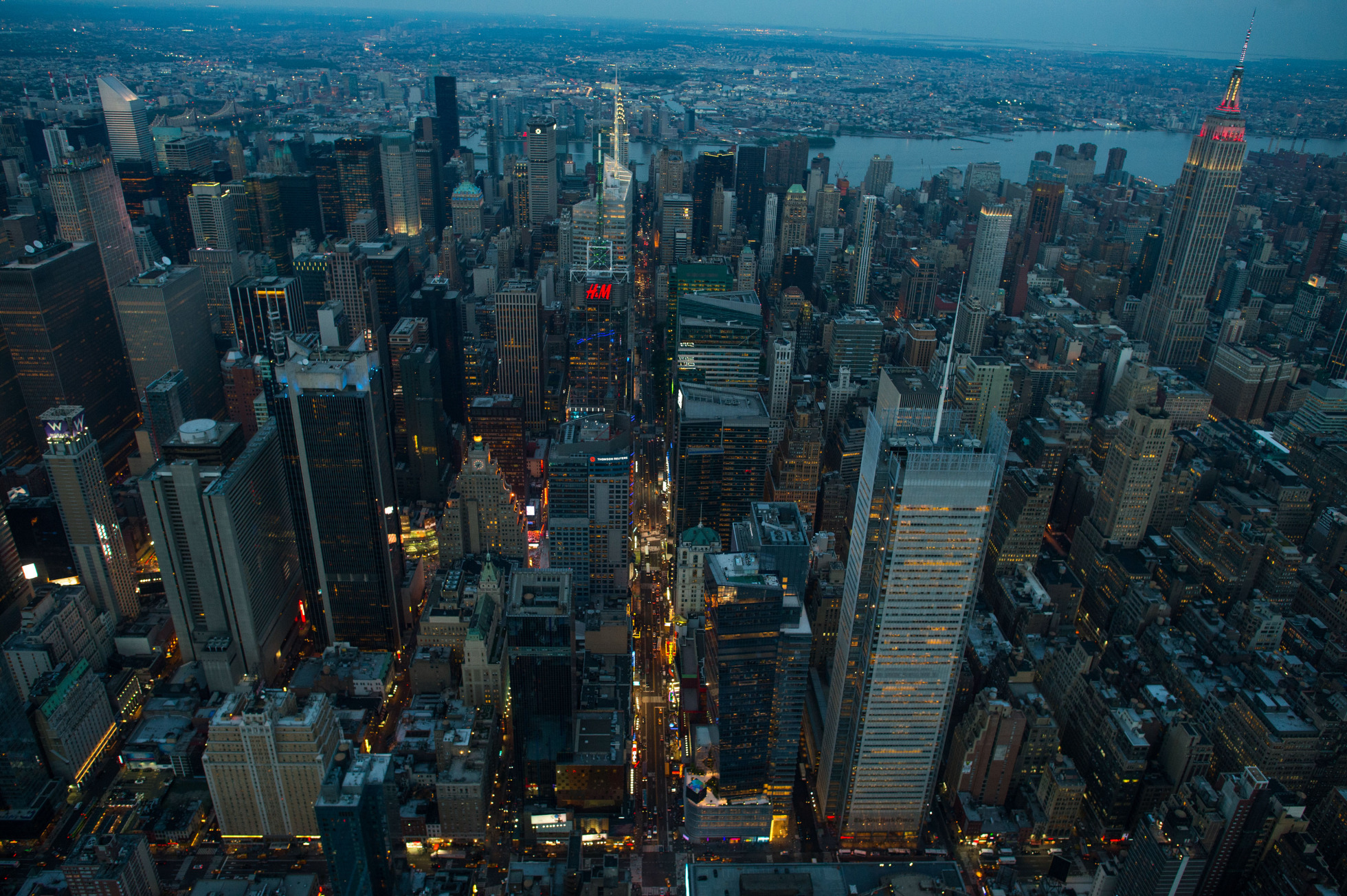 The Empire State Building stands in the Manhattan skyline.