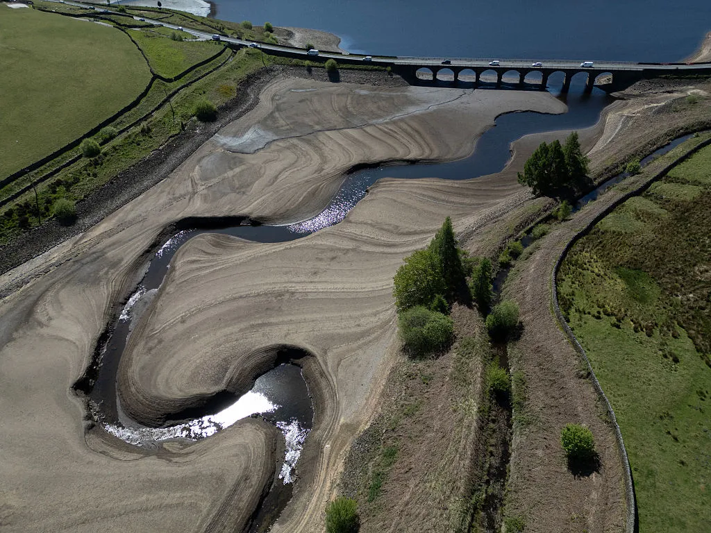 The bed of Woodhead Reservoir partially revealed by a falling water level, near Glossop, northern England in May.
