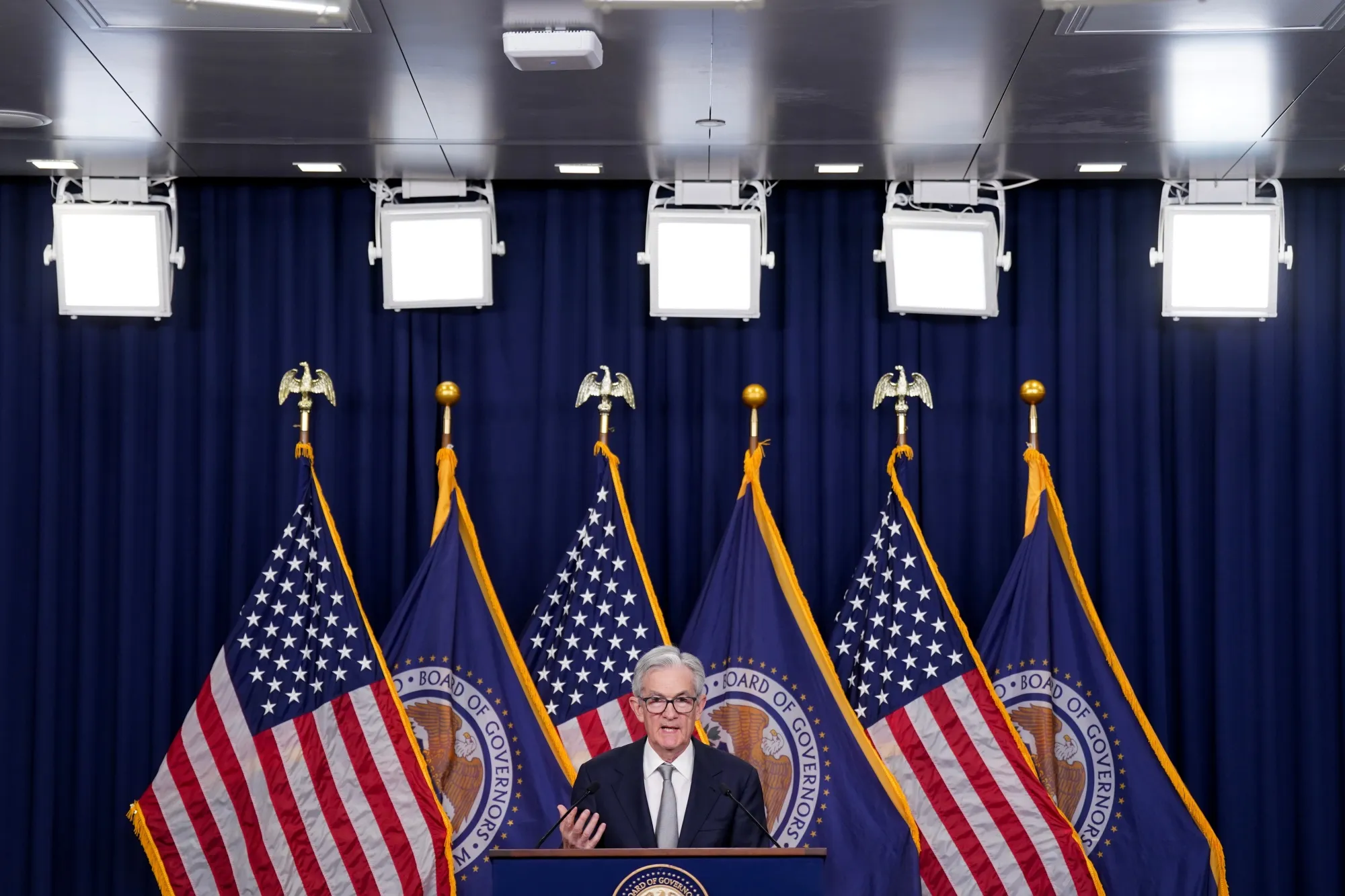 Federal Reserve Chair Jerome Powell speaks during a news conference on Wednesday.