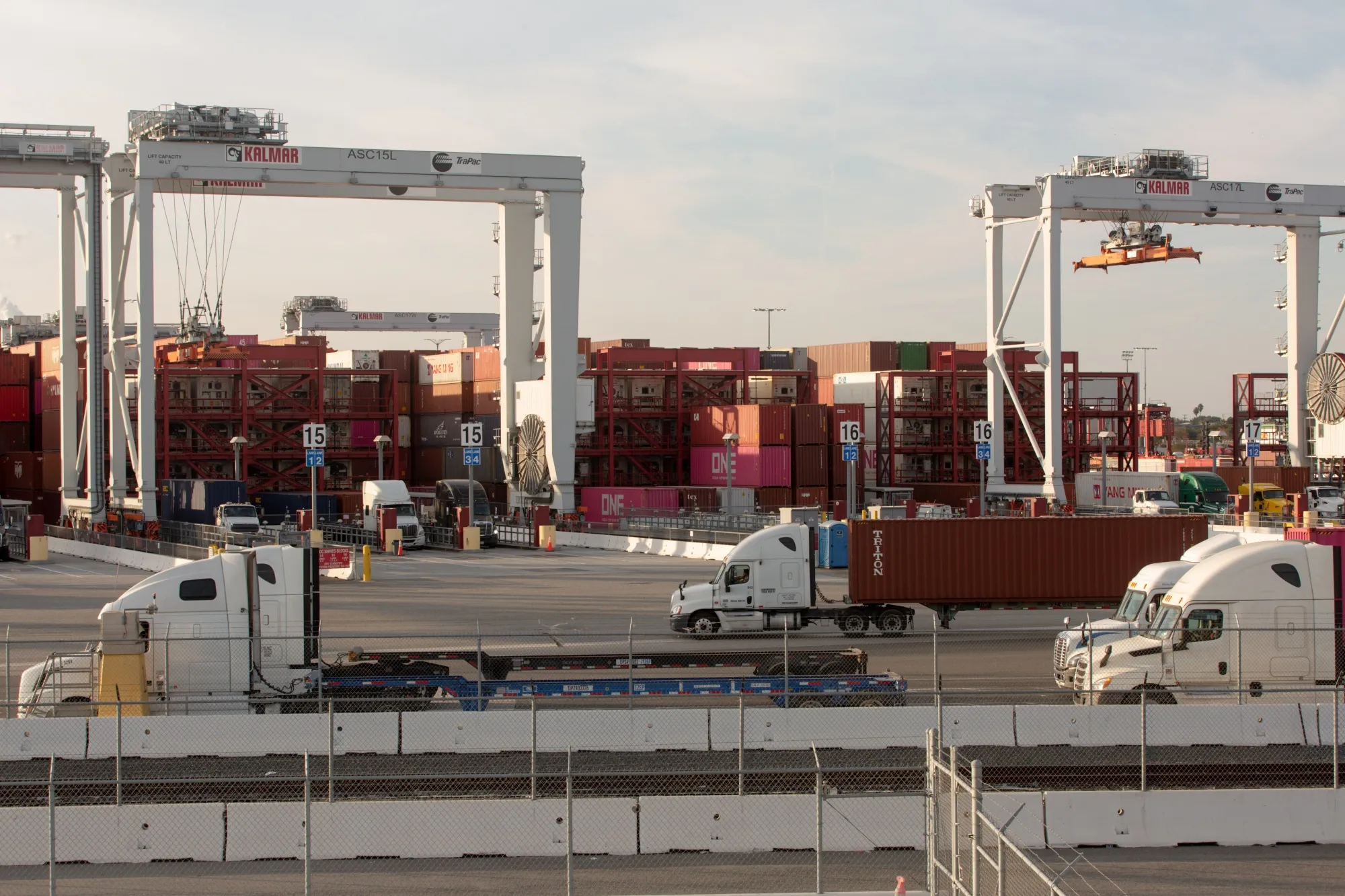 Trucks enter the Port of Los Angeles