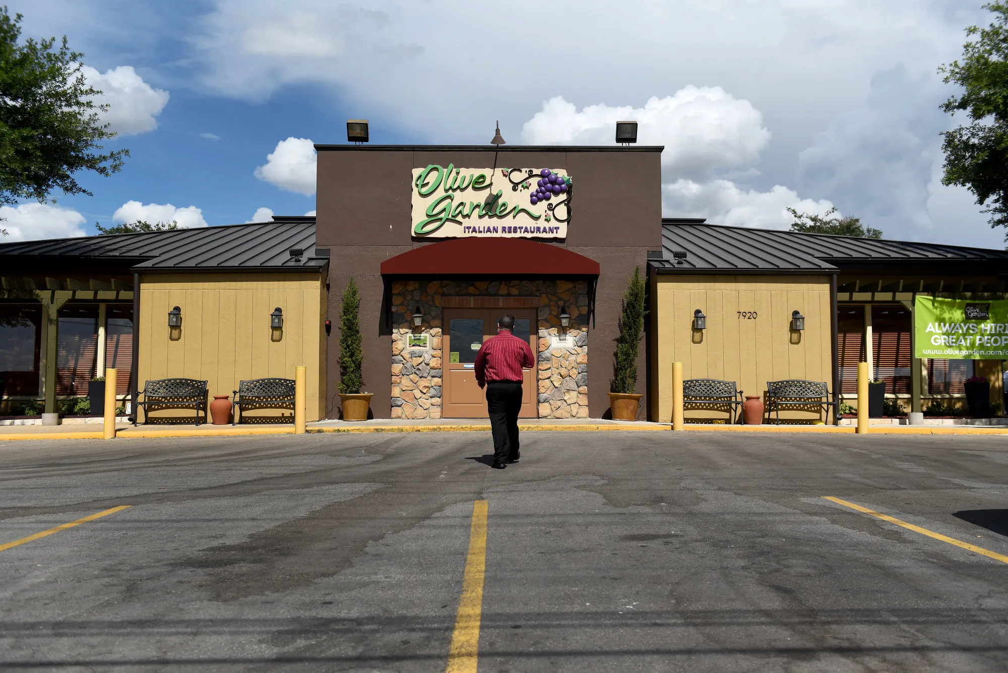 A customer arrives at an Olive Garden location in San Antonio, Texas.