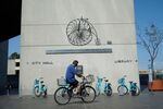 A bike-share station outside of Long Beach City Hall