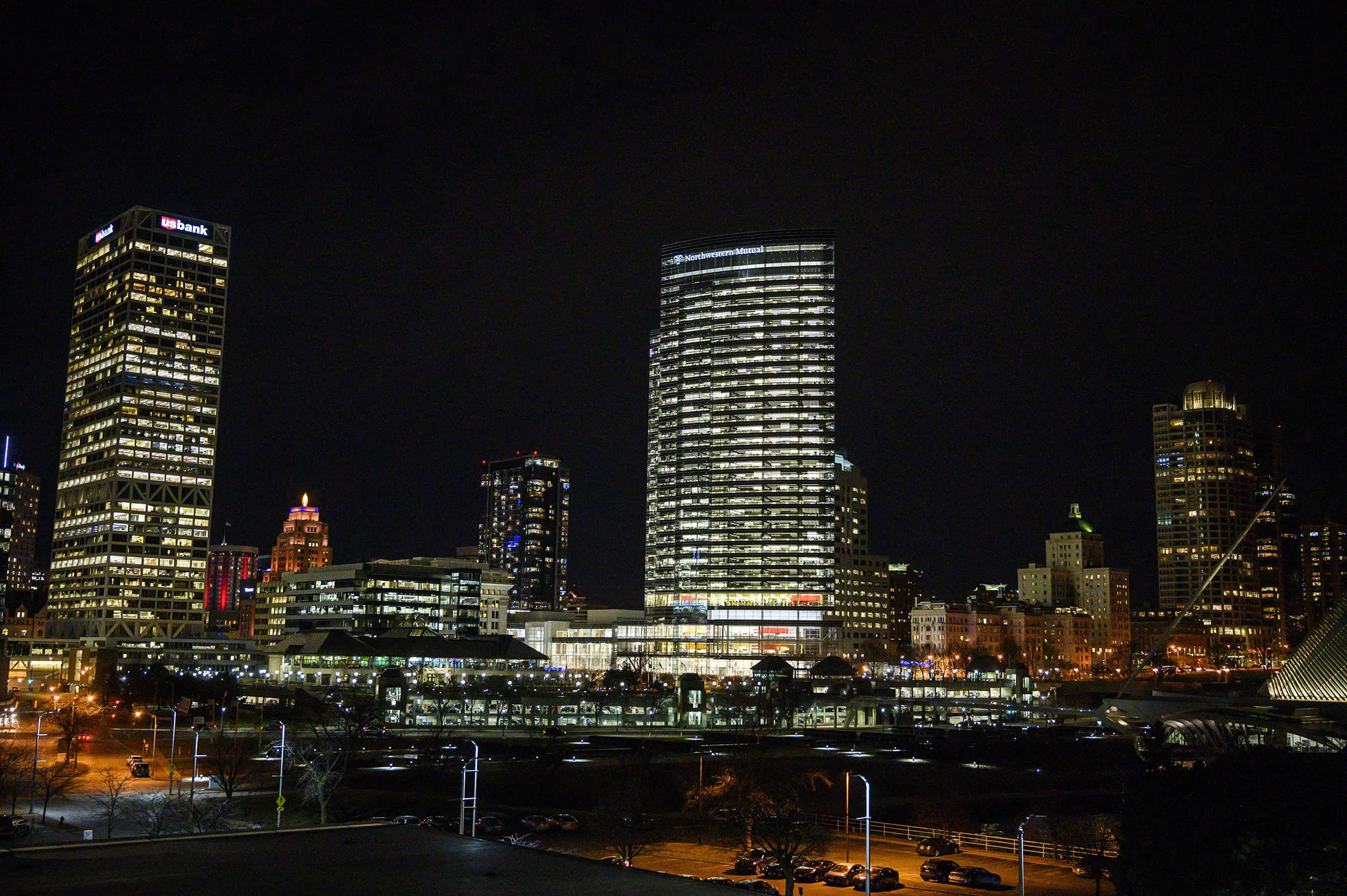 The skyline in Milwaukee, Wisconsin.