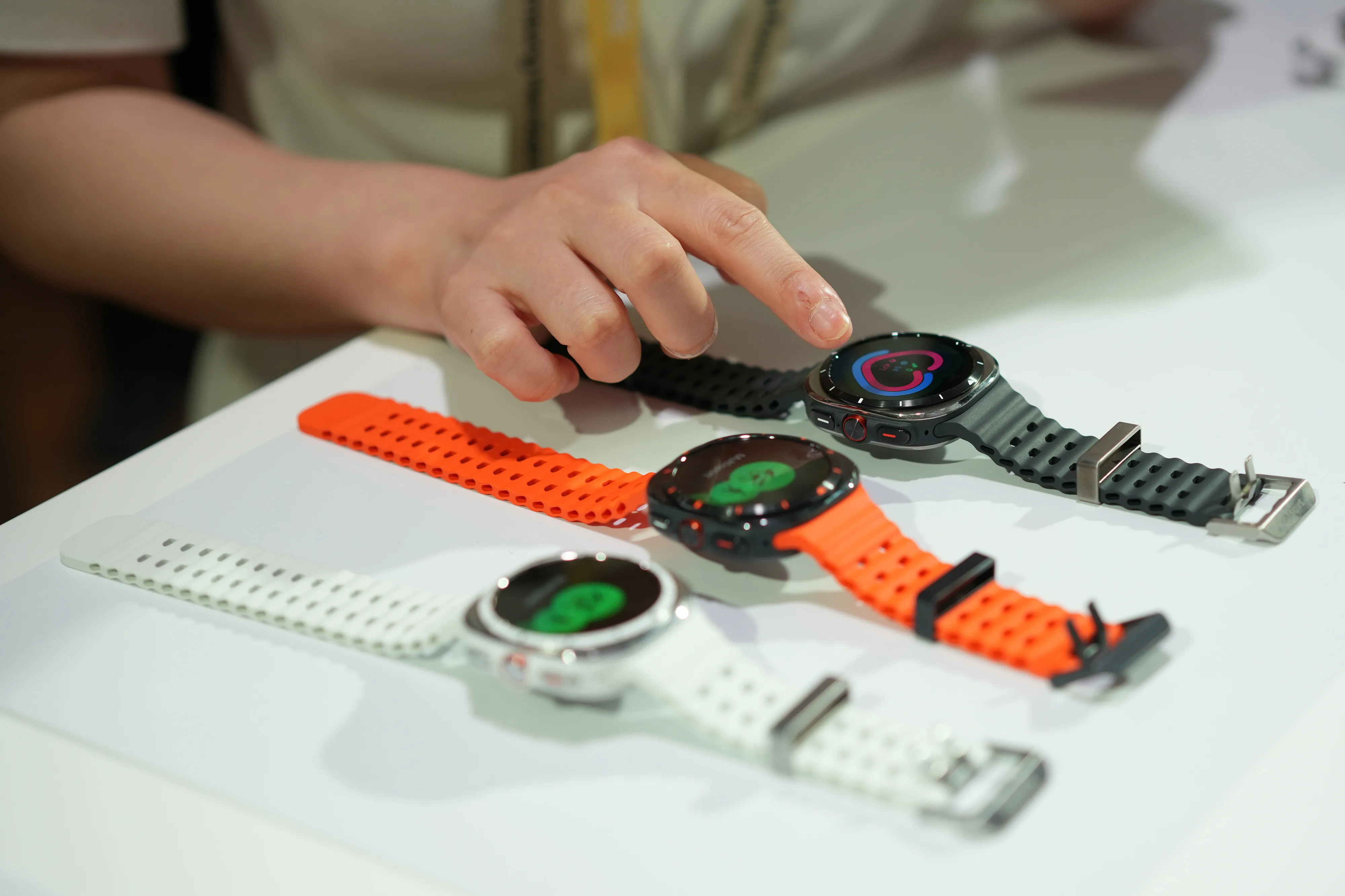 An attendee inspects a Galaxy Watch Ultra smartwatch at the Samsung Electronics Co. Unpacked launch in Paris.