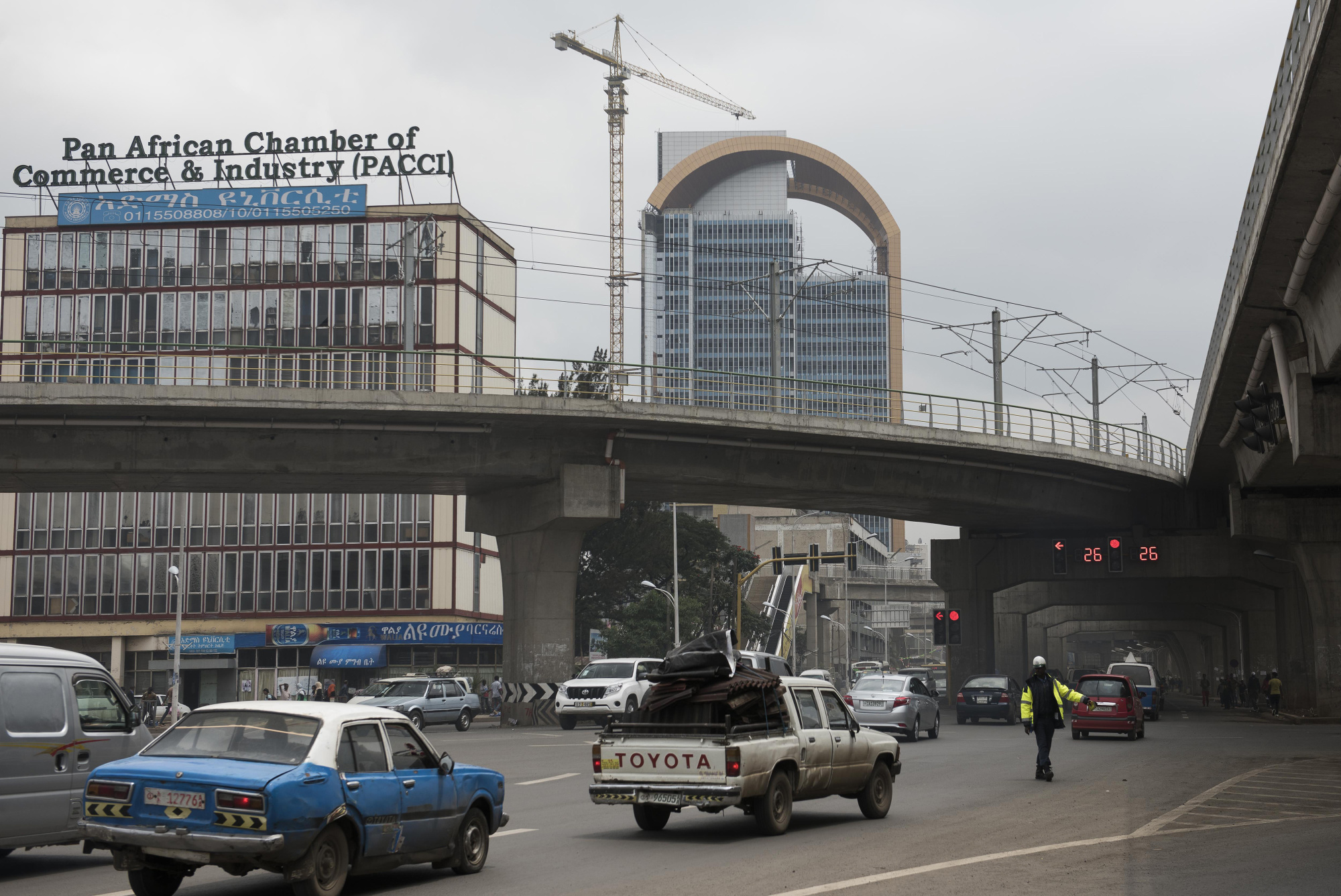 Office buildings&nbsp;stand beyond the Addis Ababa light rail track in Addis Ababa, Ethiopia.