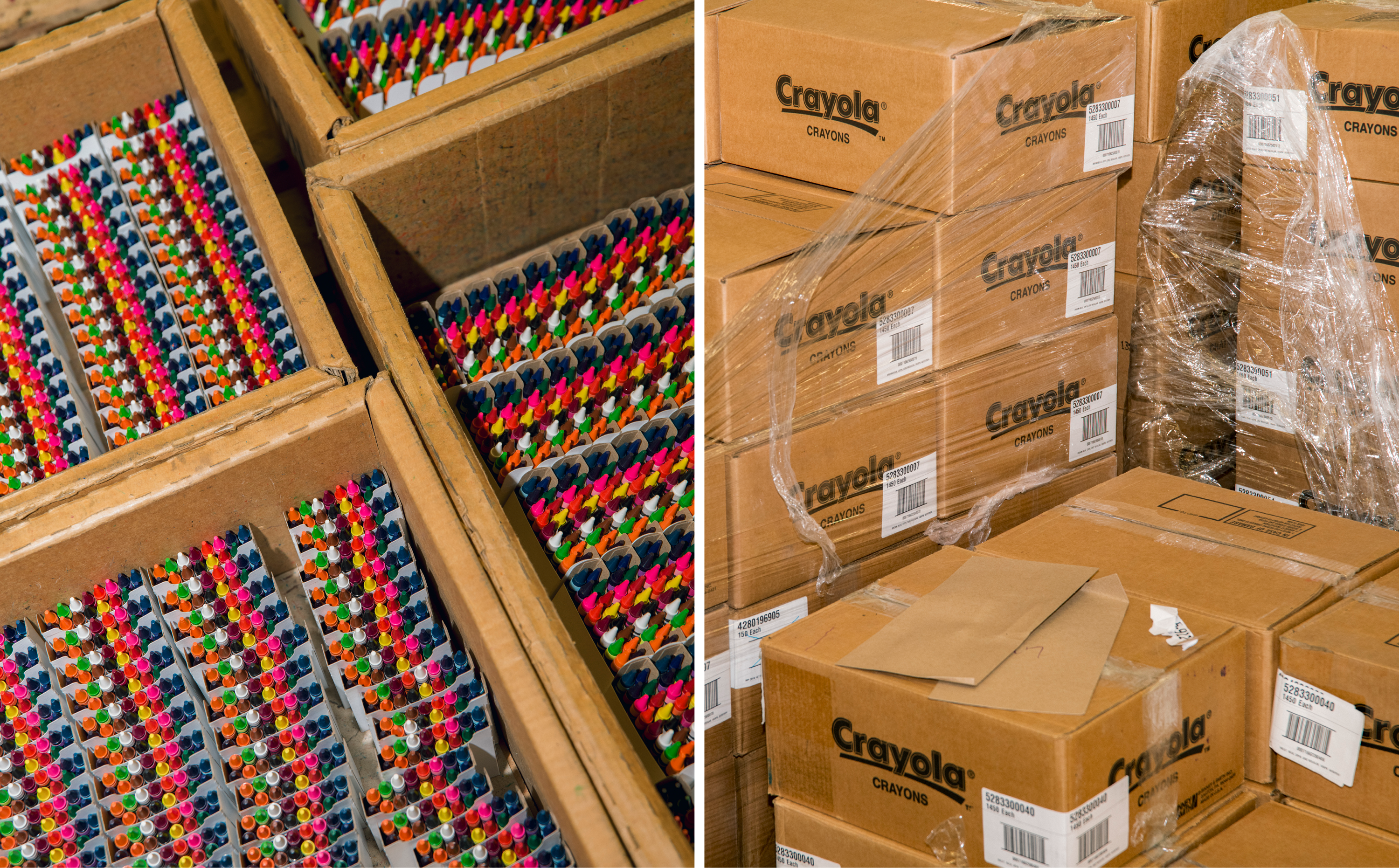 Finished crayons wait to be shipped.