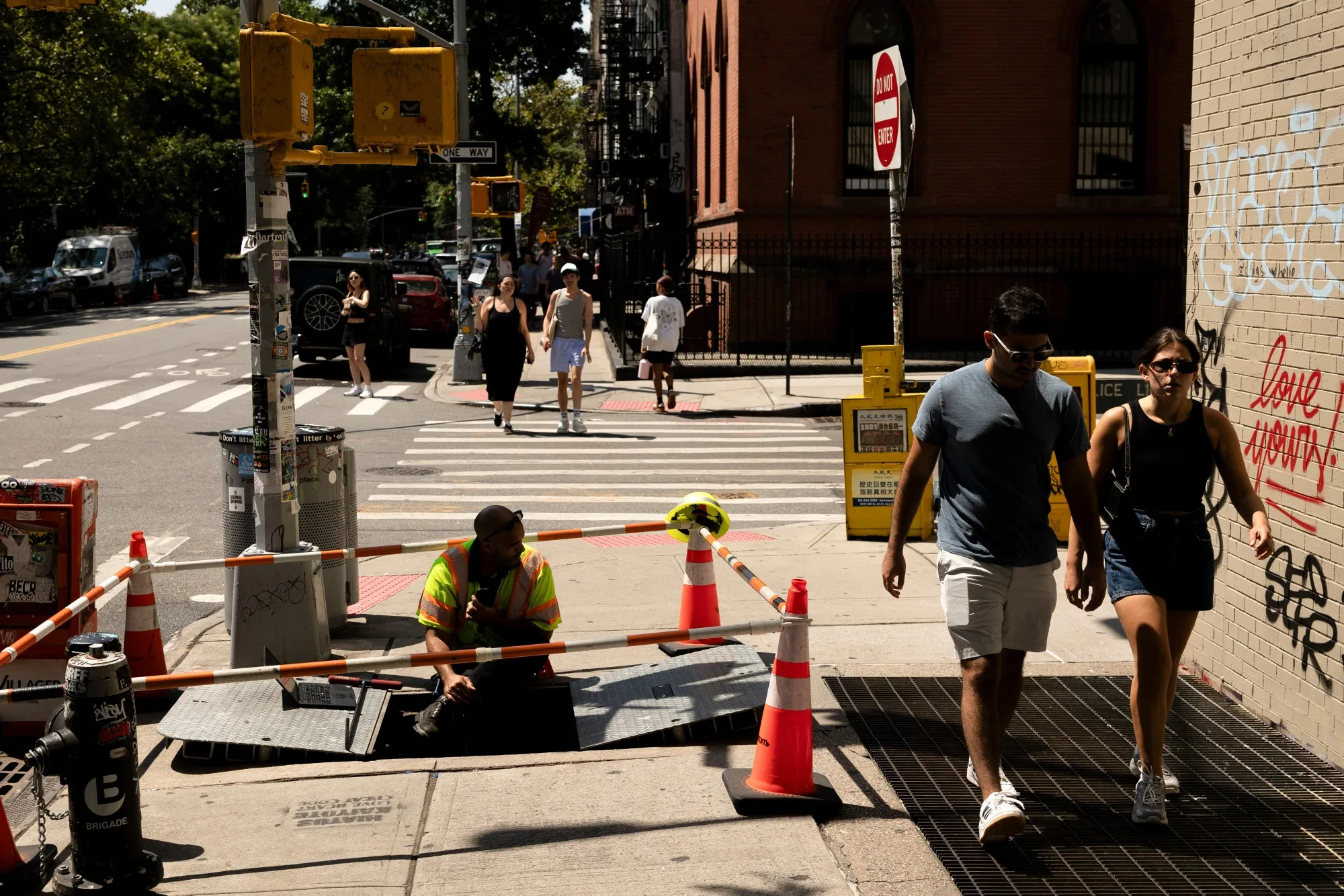 A Con Edison worker in the East Village neighborhood of New York.
