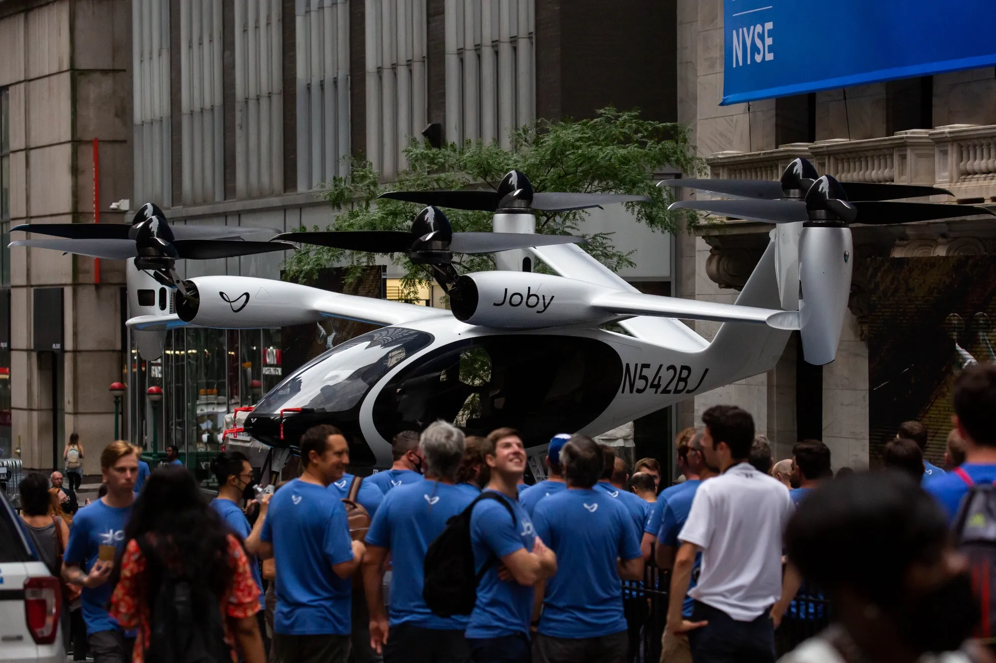 A Joby Aviation Inc. electric vertical take-off and landing aircraft outside the New York Stock Exchange on Aug. 11, 2021.&nbsp;