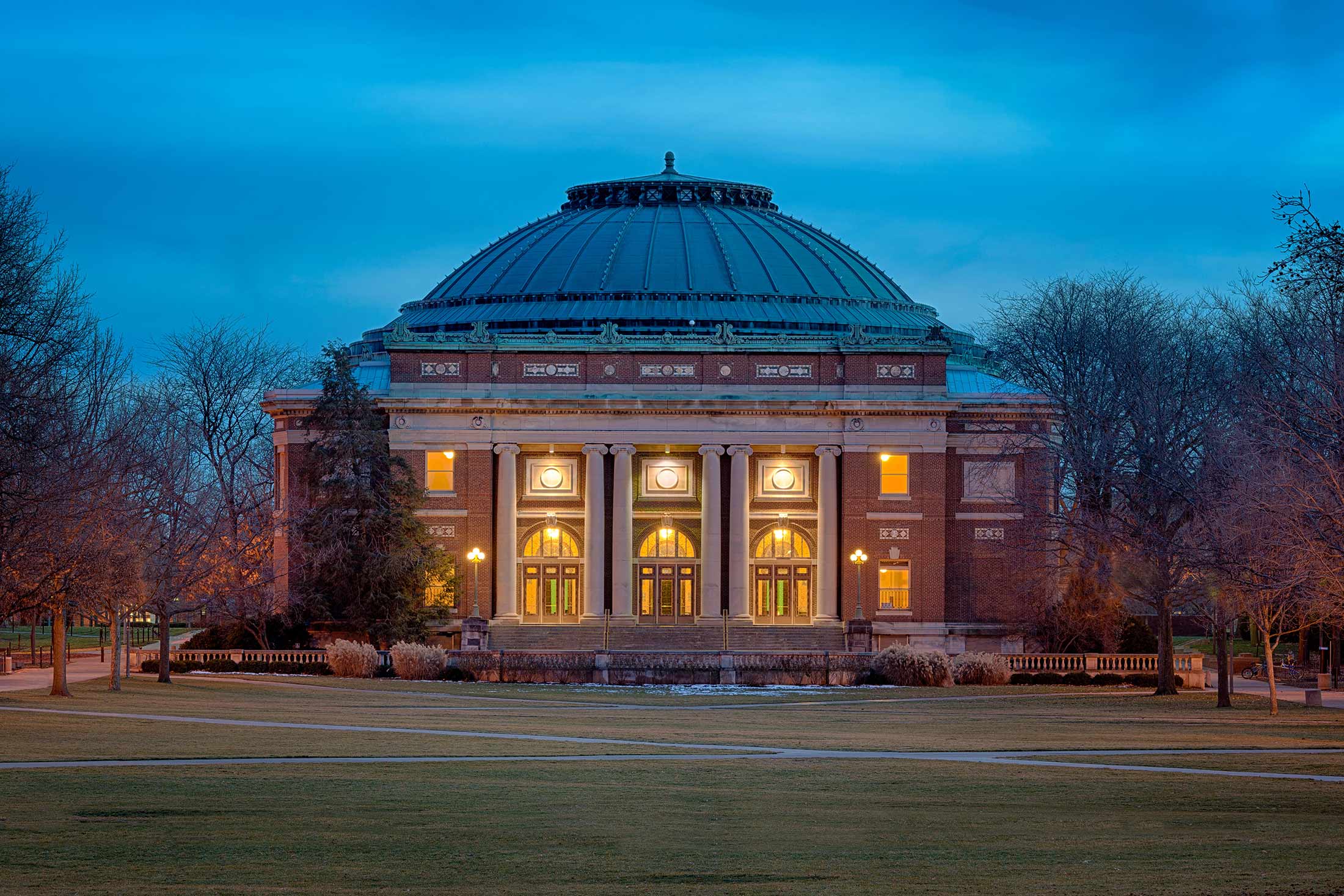 Foellinger Auditorium on the Main Quad at the University of Illinois in Urbana, Ill.