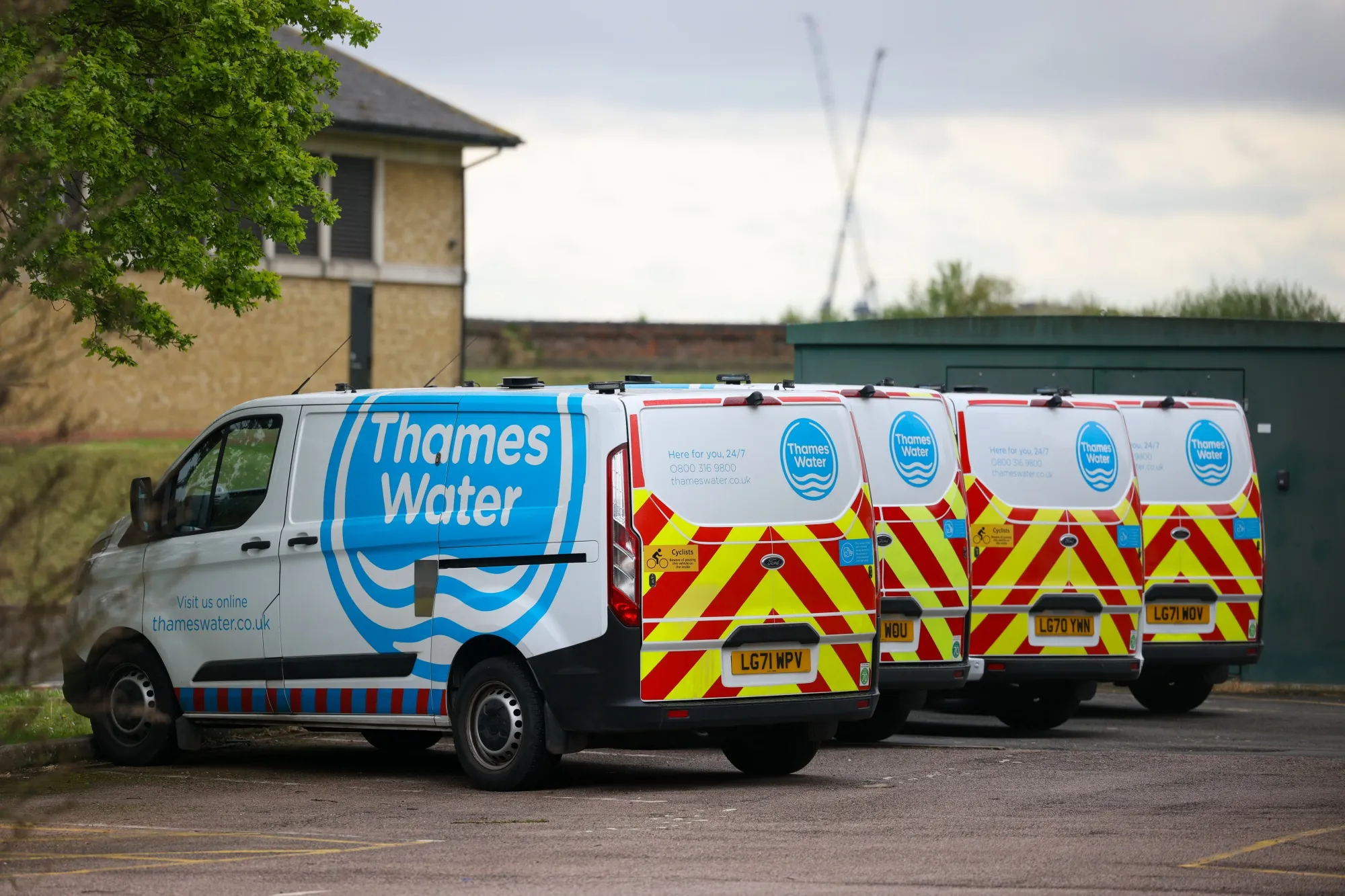 Engineers' vans parked at the South Woodford pumping station, operated by Thames Water, in London,&nbsp;on&nbsp;April 19.
