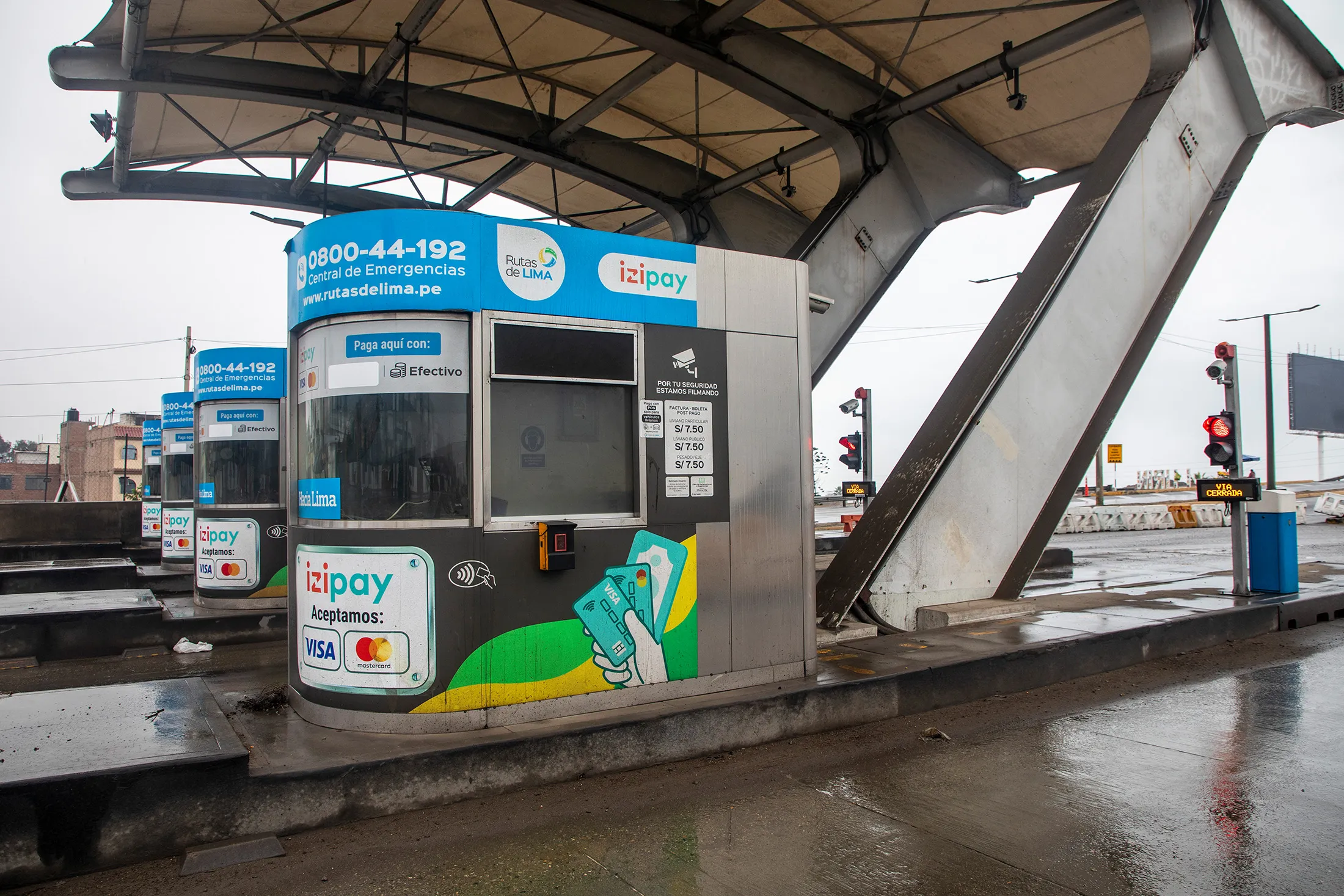 Closed Rutas de Lima toll booths on the Panamericana Sur highway in Lima, Peru, on June 22, 2025.
