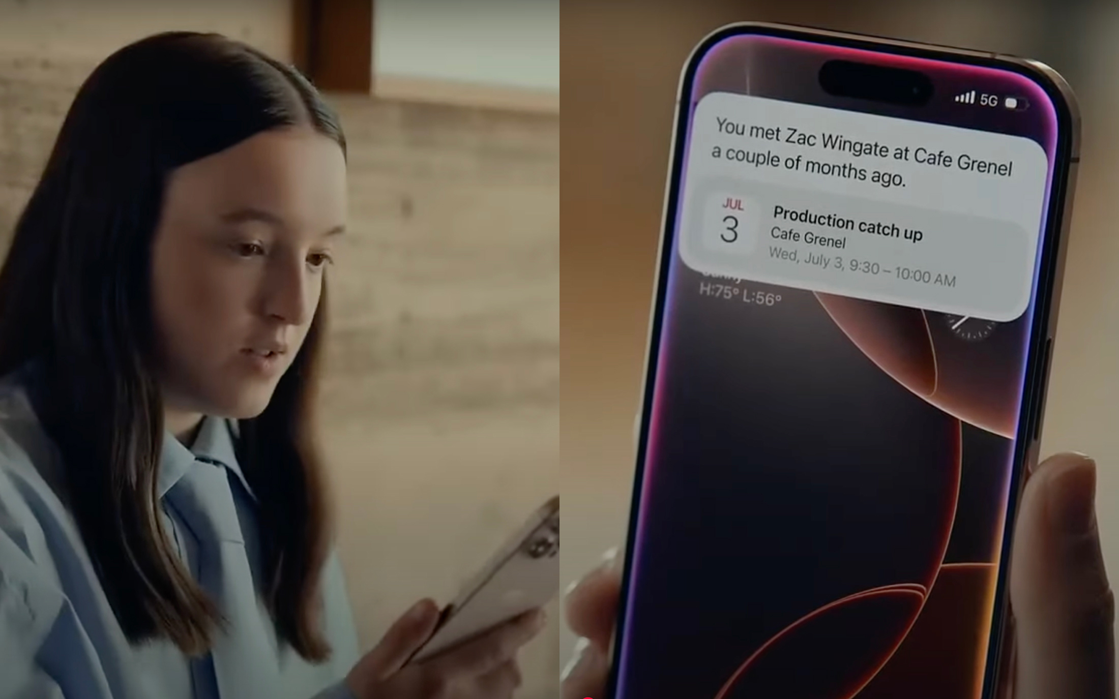 Screenshots from an Apple TV ad teasing the new Siri with actor Bella Ramsey.