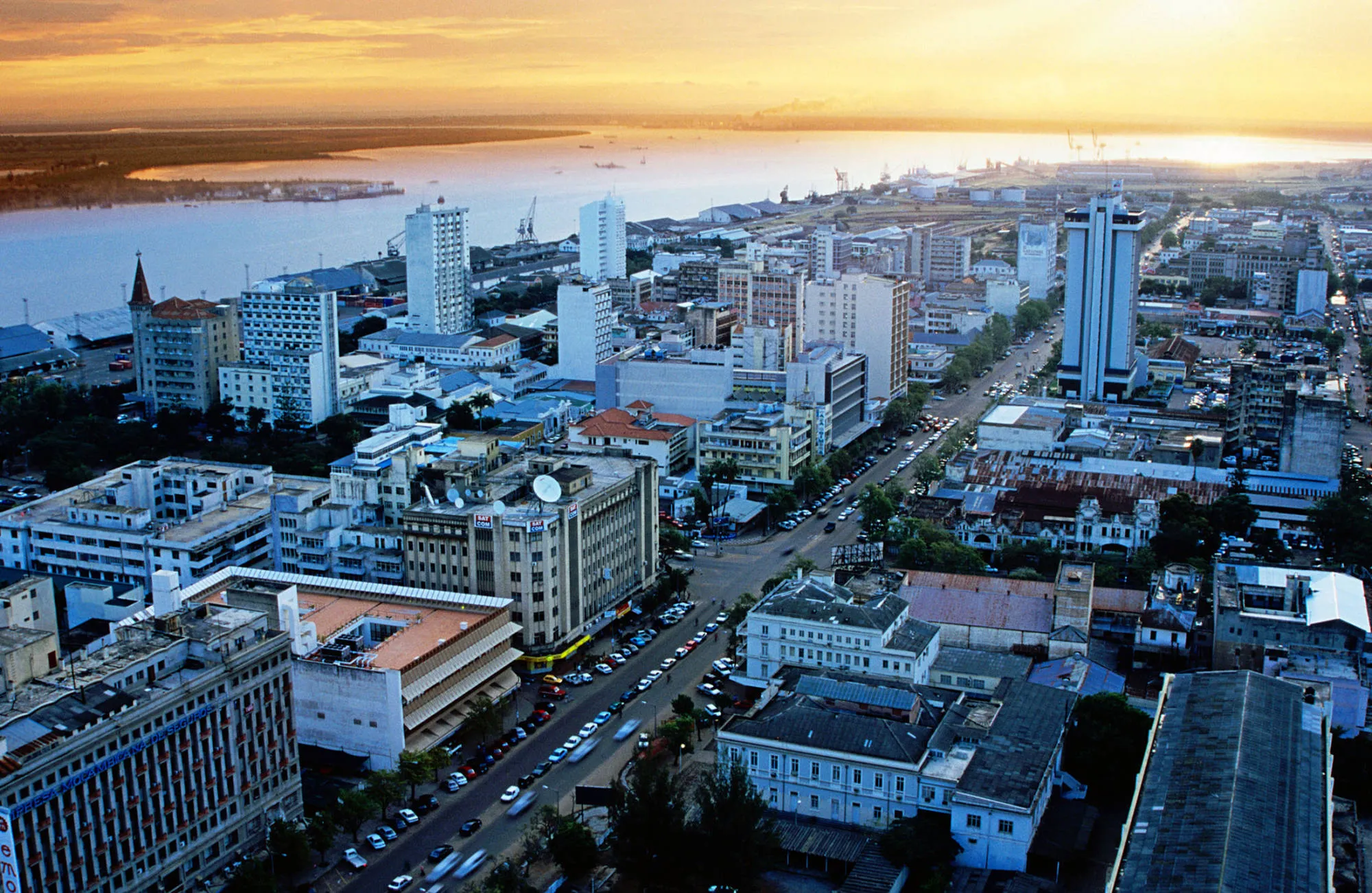 The sun sets over Maputo, Mozambique.
