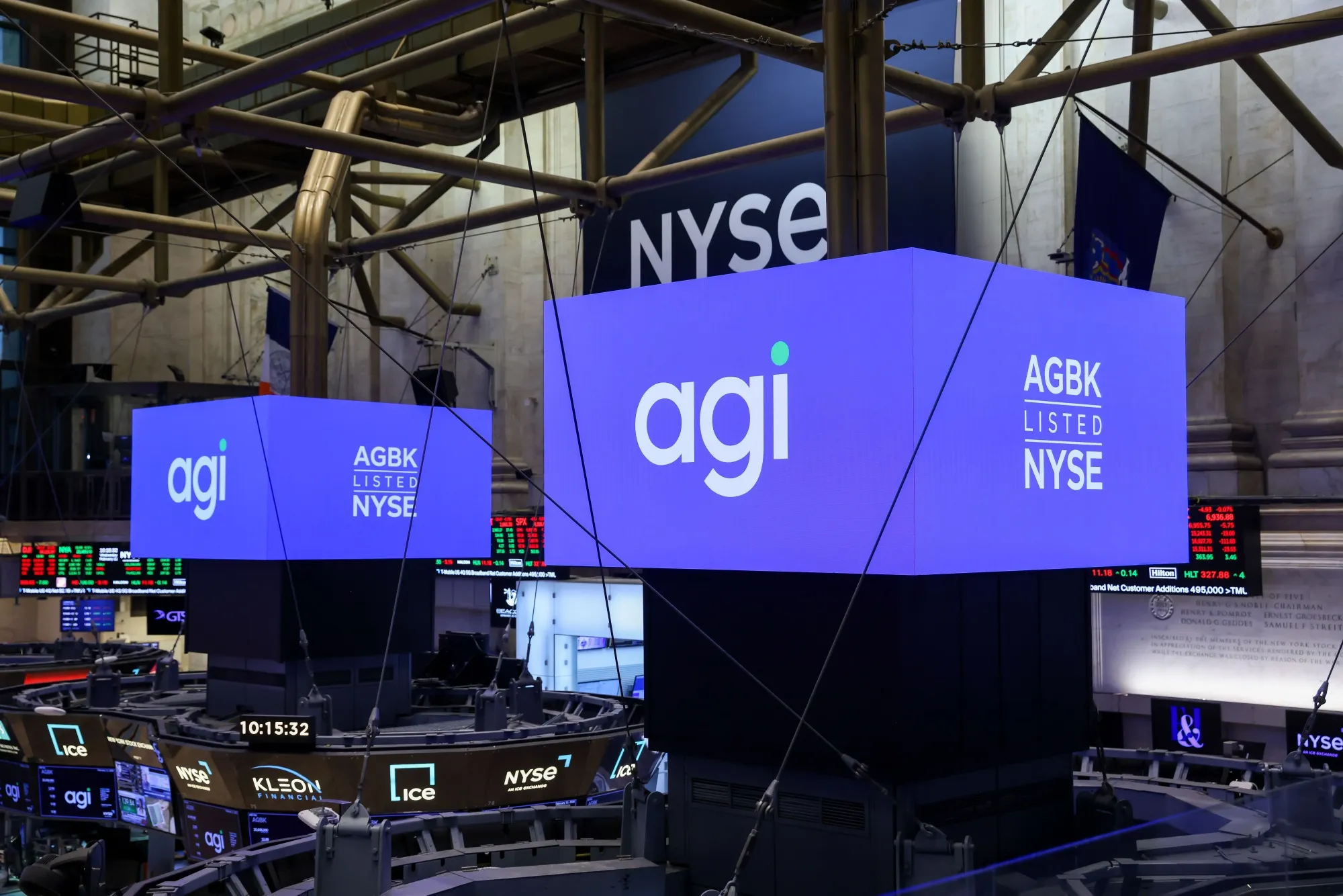 AGI Inc. signage during the company's IPO on the floor of the New York Stock Exchange on Feb. 11.