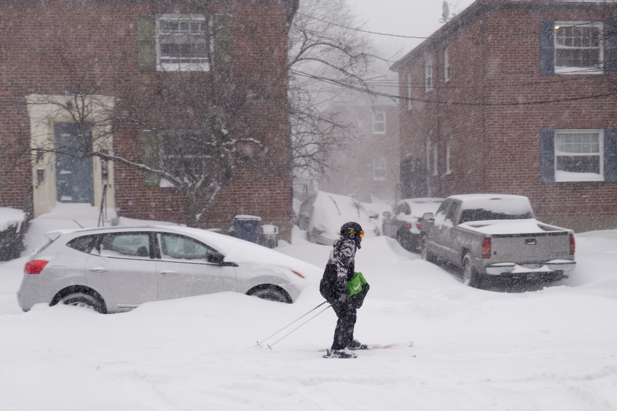 A resident skis down a street during a blizzard in Boston, on Jan. 29.&nbsp;