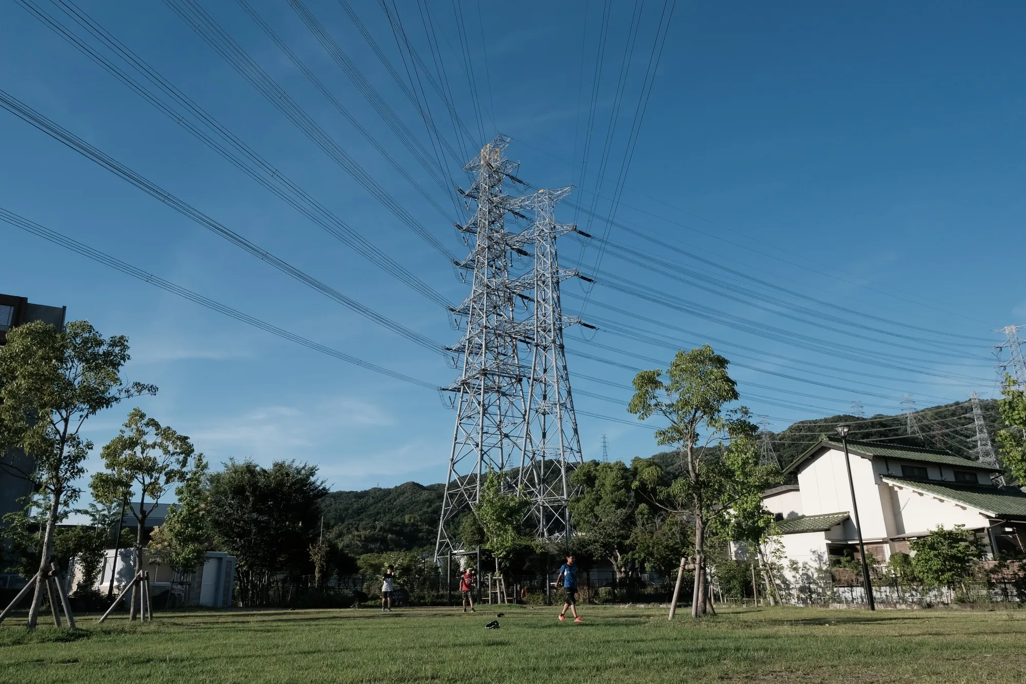 An electricity transmission tower in Daito, Japan.
