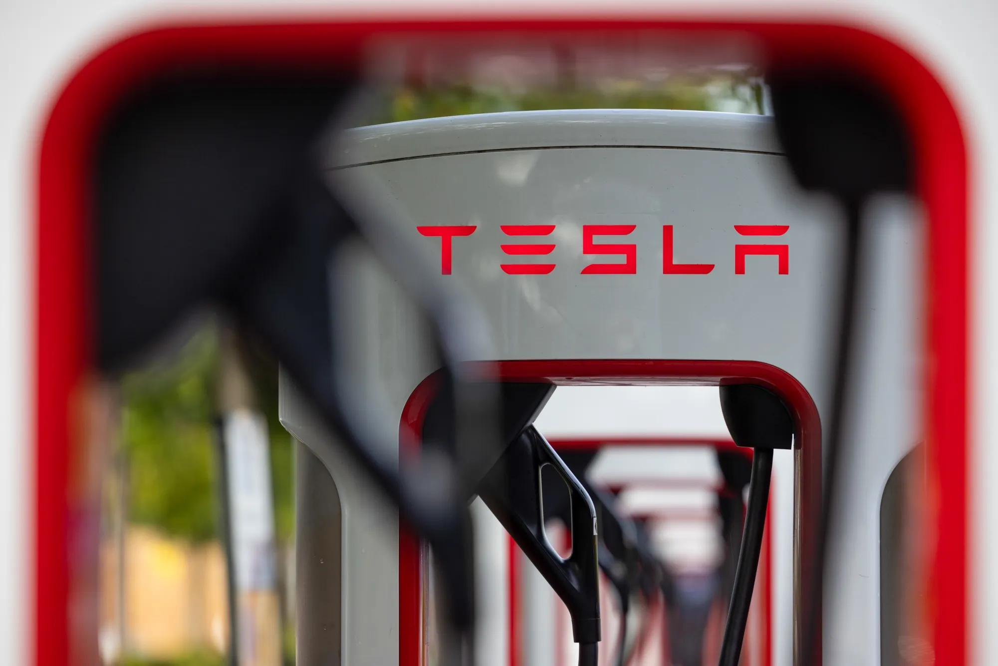 Tesla Inc. supercharger charging points, in Thurrock, UK.