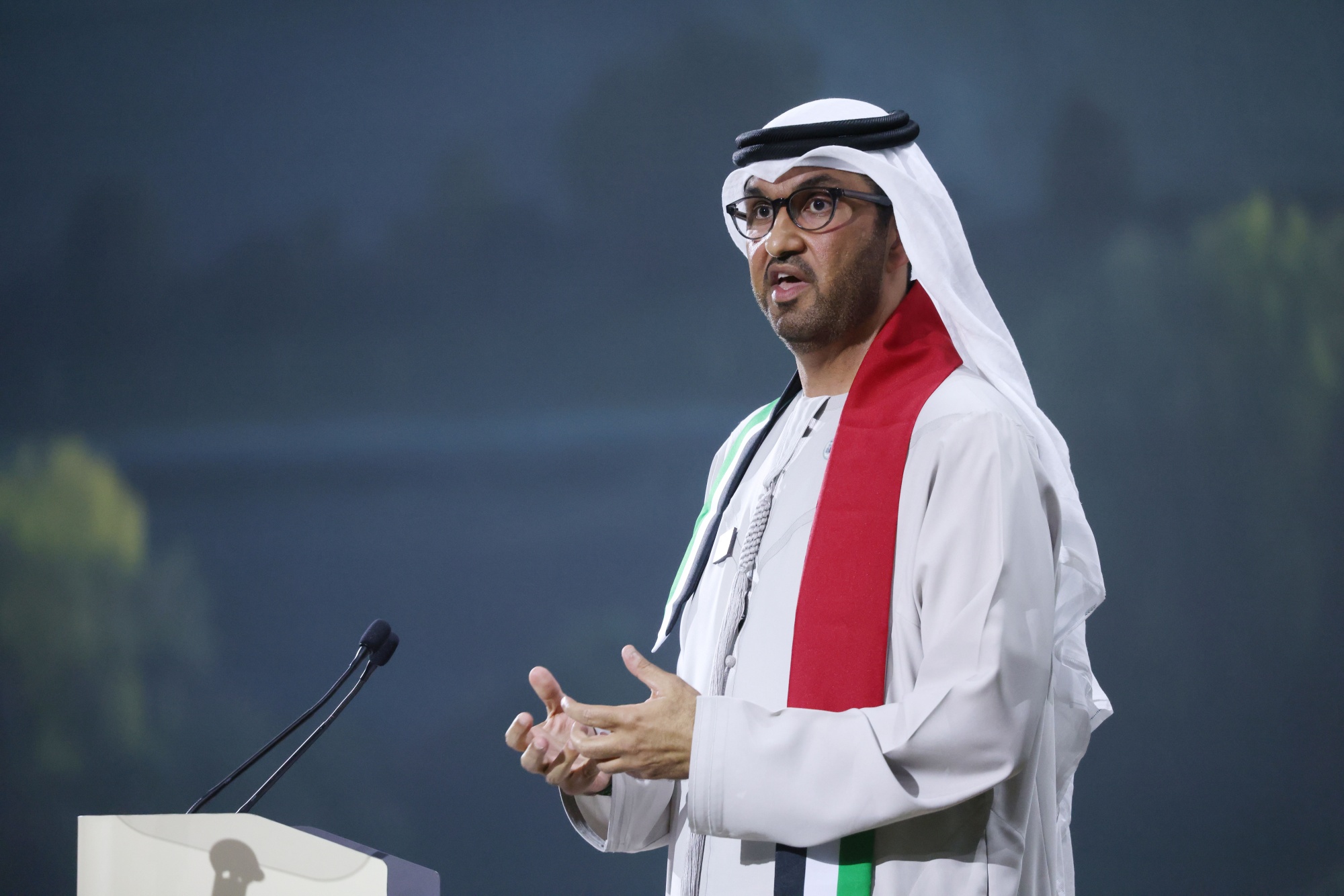 Sultan Ahmed Al Jaber speaks during the COP28 climate conference at Expo City in Dubai, United Arab Emirates, on Dec. 2.