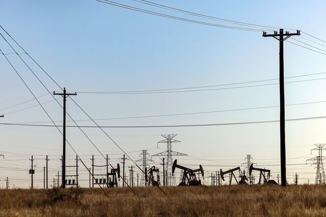 Oil pump jacks and power lines in the Permian Basin.
