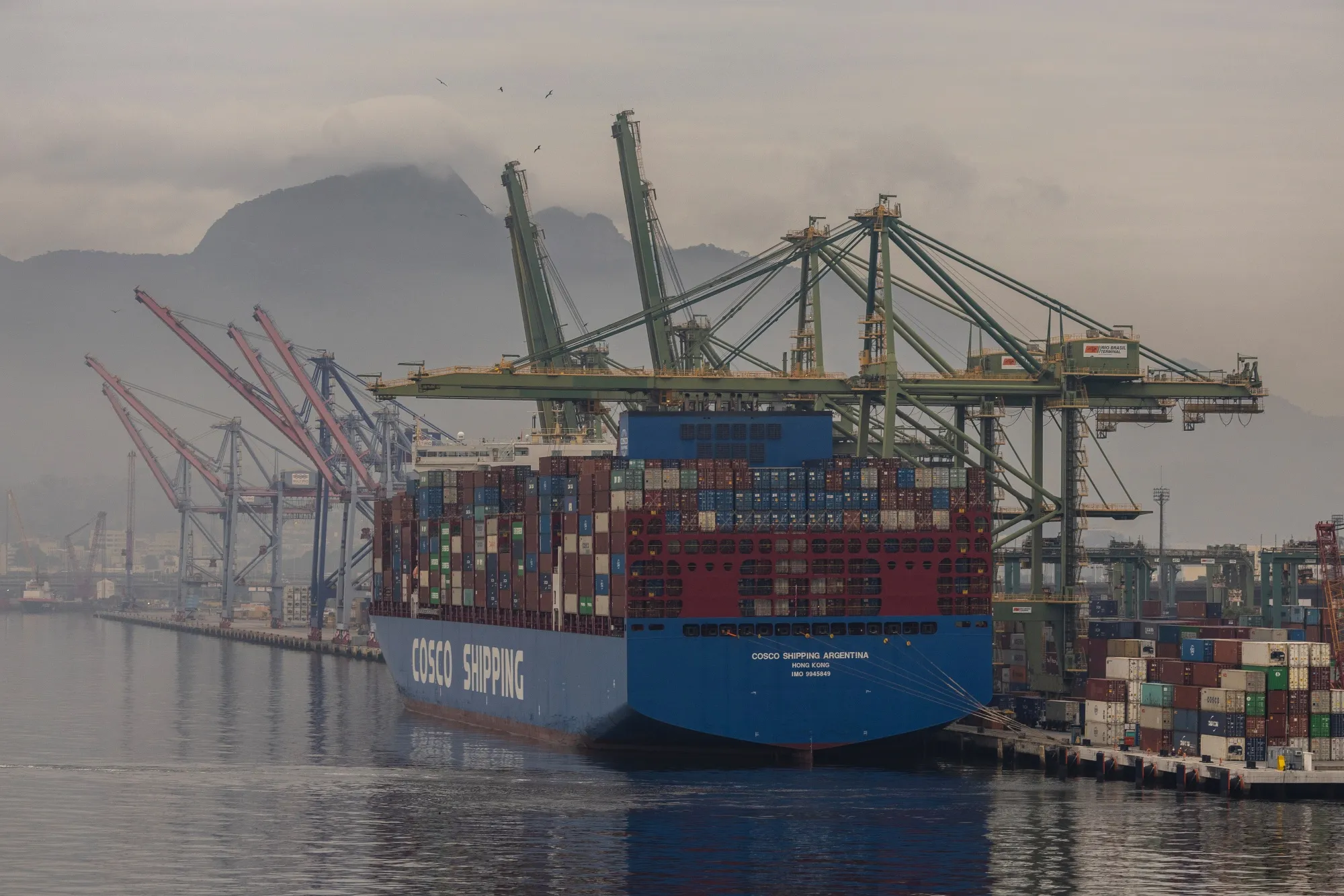 A container ship docked at the Port of Rio de Janeiro in&nbsp;Brazil.