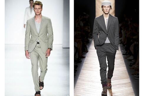 Left: Model wearing a cotton suit from the Todd Snyder S/S '16 runway show. Right: Model wearing a gray cotton suit from the Bottega Veneta S/S '16 runway show.