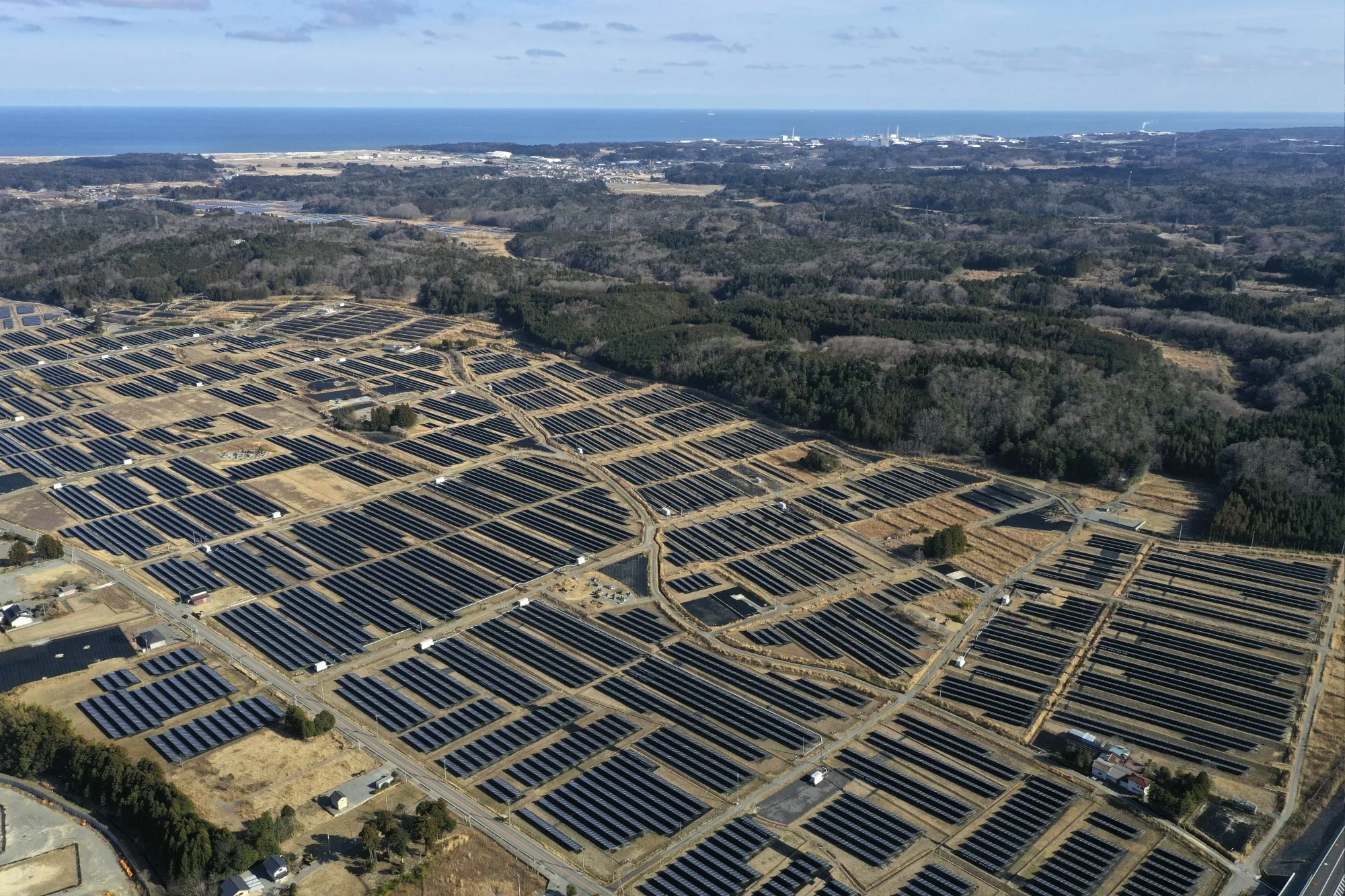 A solar farm&nbsp;on former farmland in the Yatsuda district of Namie, Fukushima Prefecture, Japan.