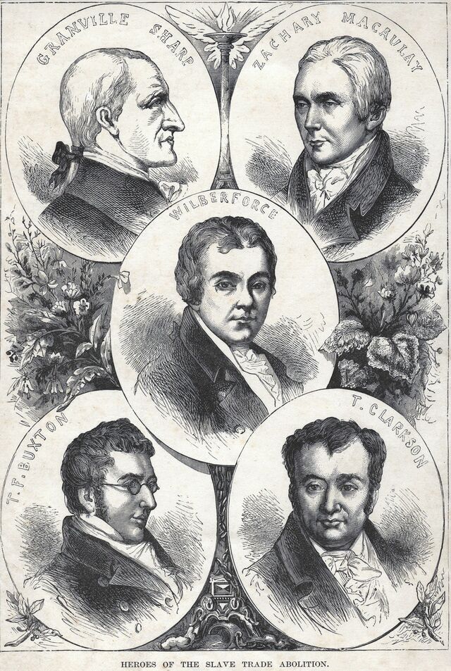 Engraving of 'The Heroes of the Slave Trade Abolition,' by an unknown English printmaker, 19th century. Private collection. Featuring British leaders of the abolitionist movement including Granville Sharp, Zachary Macaulay, Wilberforce, T.F. Buxton and T. Clarkson. 