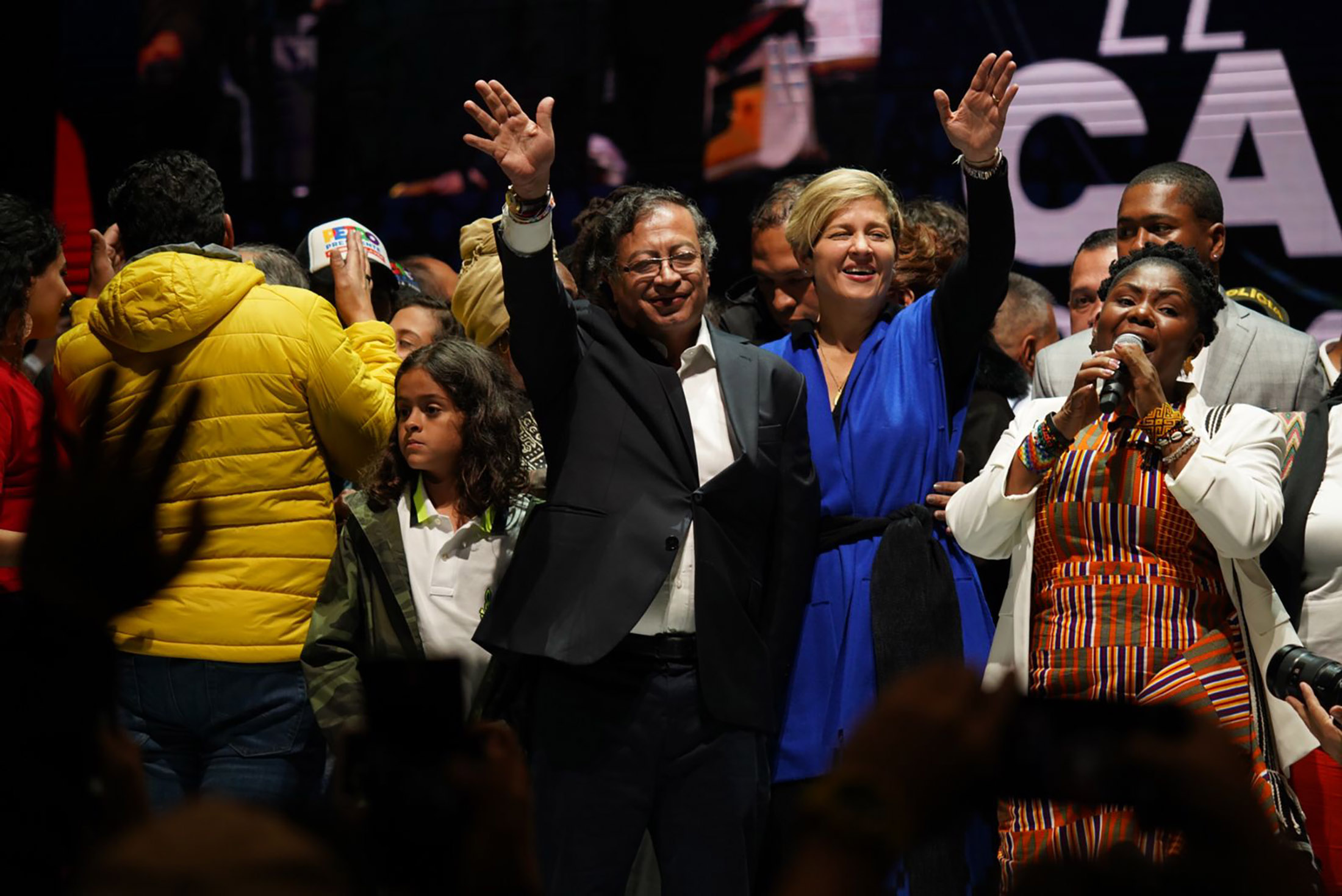 Gustavo Petro celebrates in Bogota after winning the presidential election on Sunday.