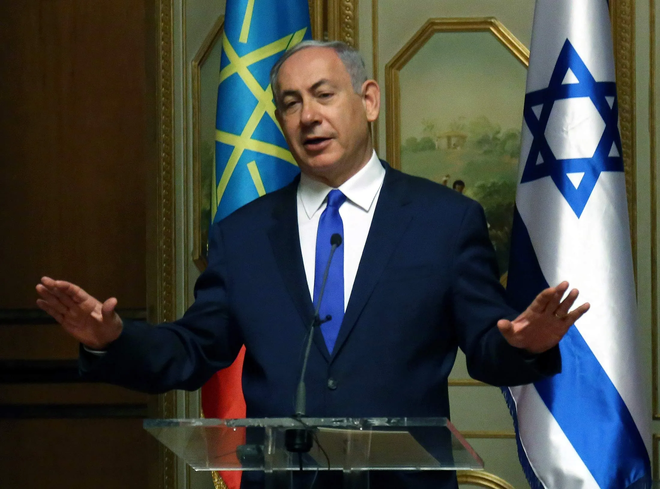 Israeli Prime Minster Benjamin Netanyahu speaks during a joint press conference with the Ethiopian Prime Minister after their meeting at National Palace in Addis Ababa, Ethiopia on July 07.

