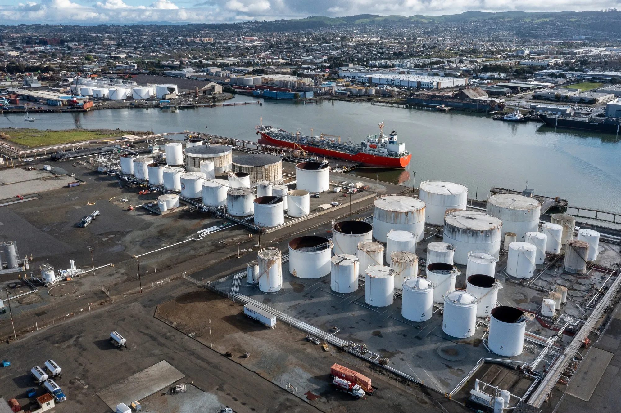 Oil storage tanks at an oil terminal in Richmond, California.