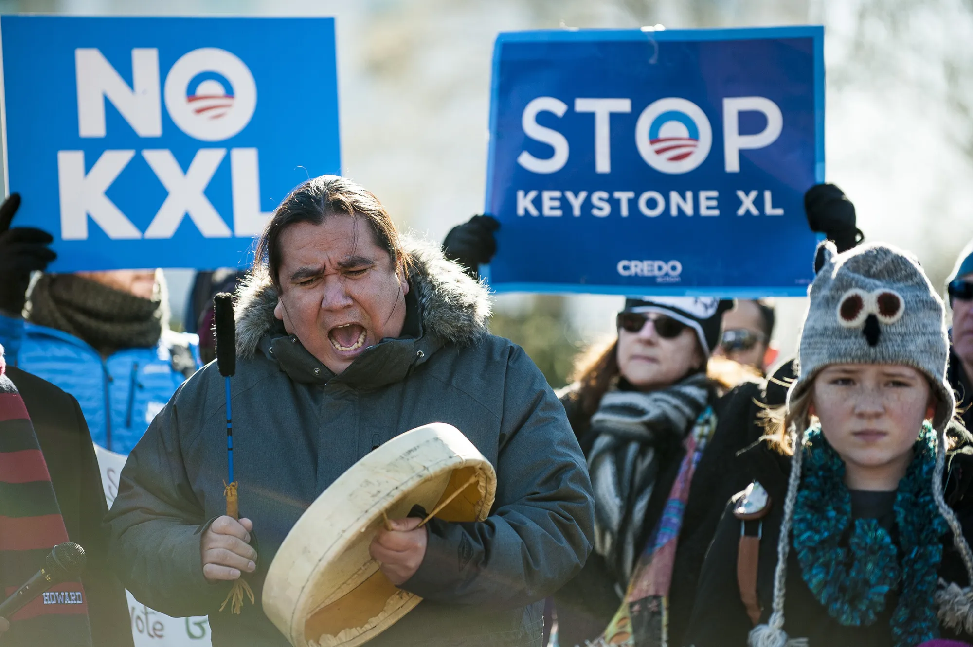 Clayton Thomas-Muller, with Idle No More and 350.org, rallies with demonstrators against the Keystone XL pipeline outside of the White House in Washington, D.C., Jan. 10, 2015.
