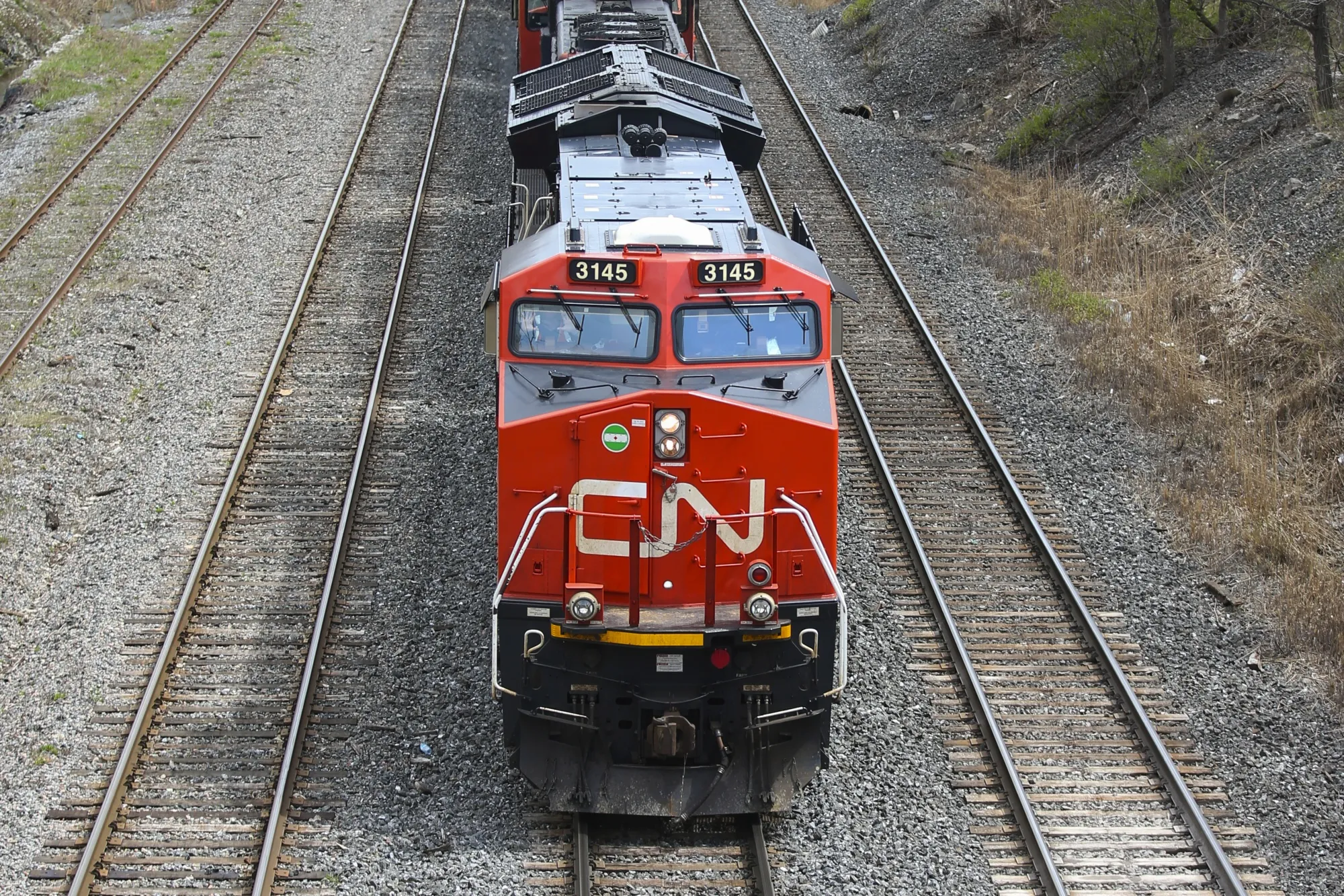 A Canadian National Railway locomotive pulls a train in Montreal, Quebec, Canada.