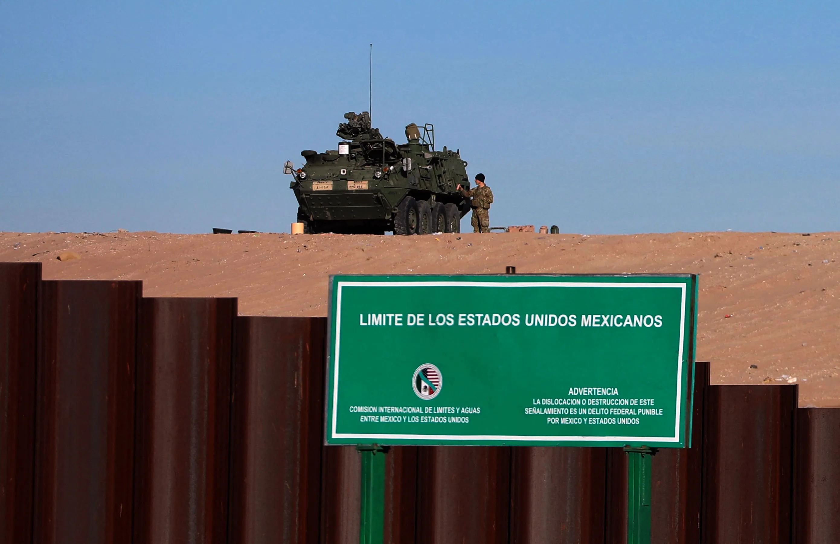 A US armored tank at the US-Mexico border at Santa Teresa, New Mexico, US.