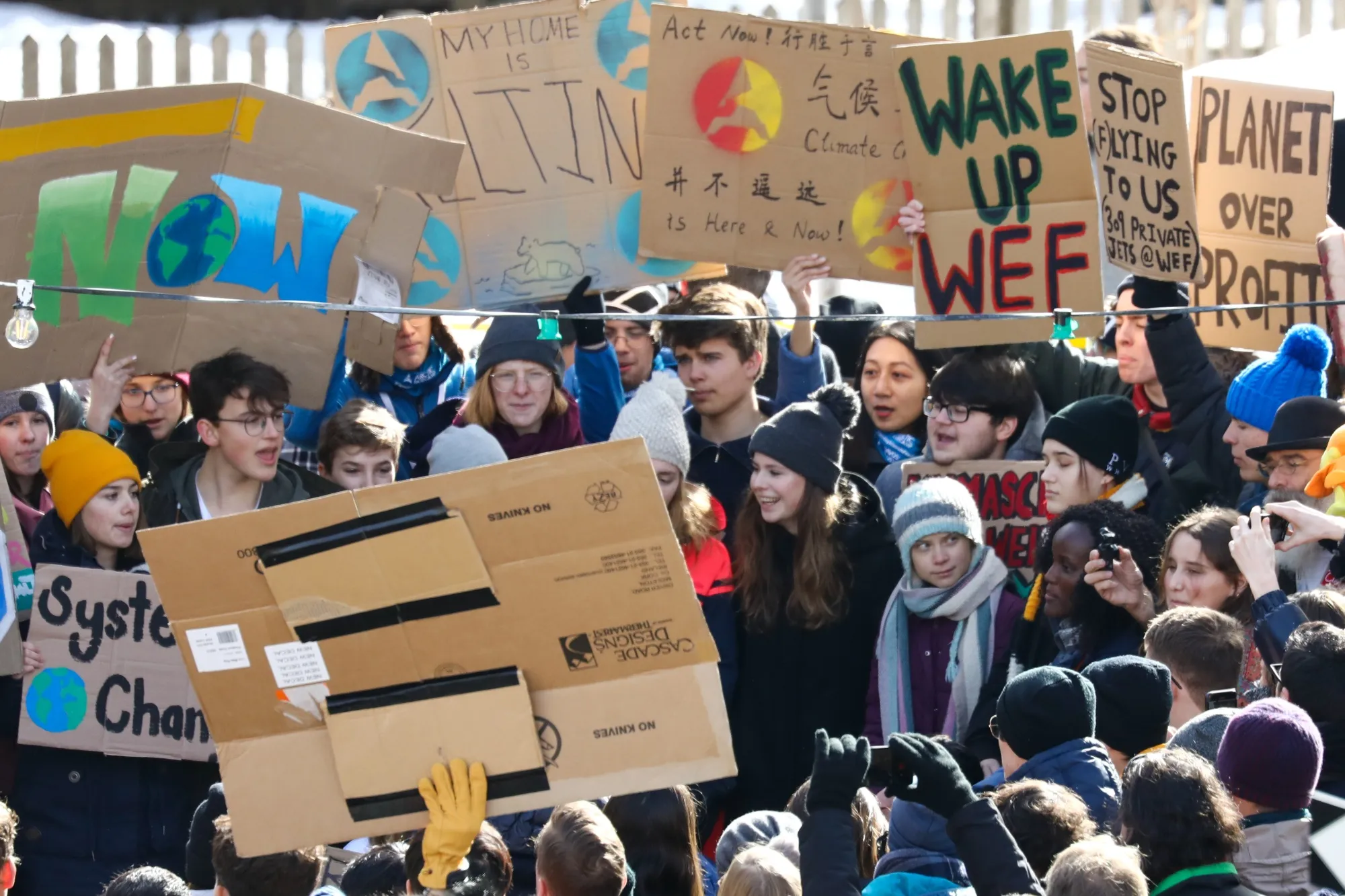 Greta Thunberg, center right, attends a demonstration on the closing day of the World Economic Forum&nbsp;in Davos, Switzerland, on Jan. 24.