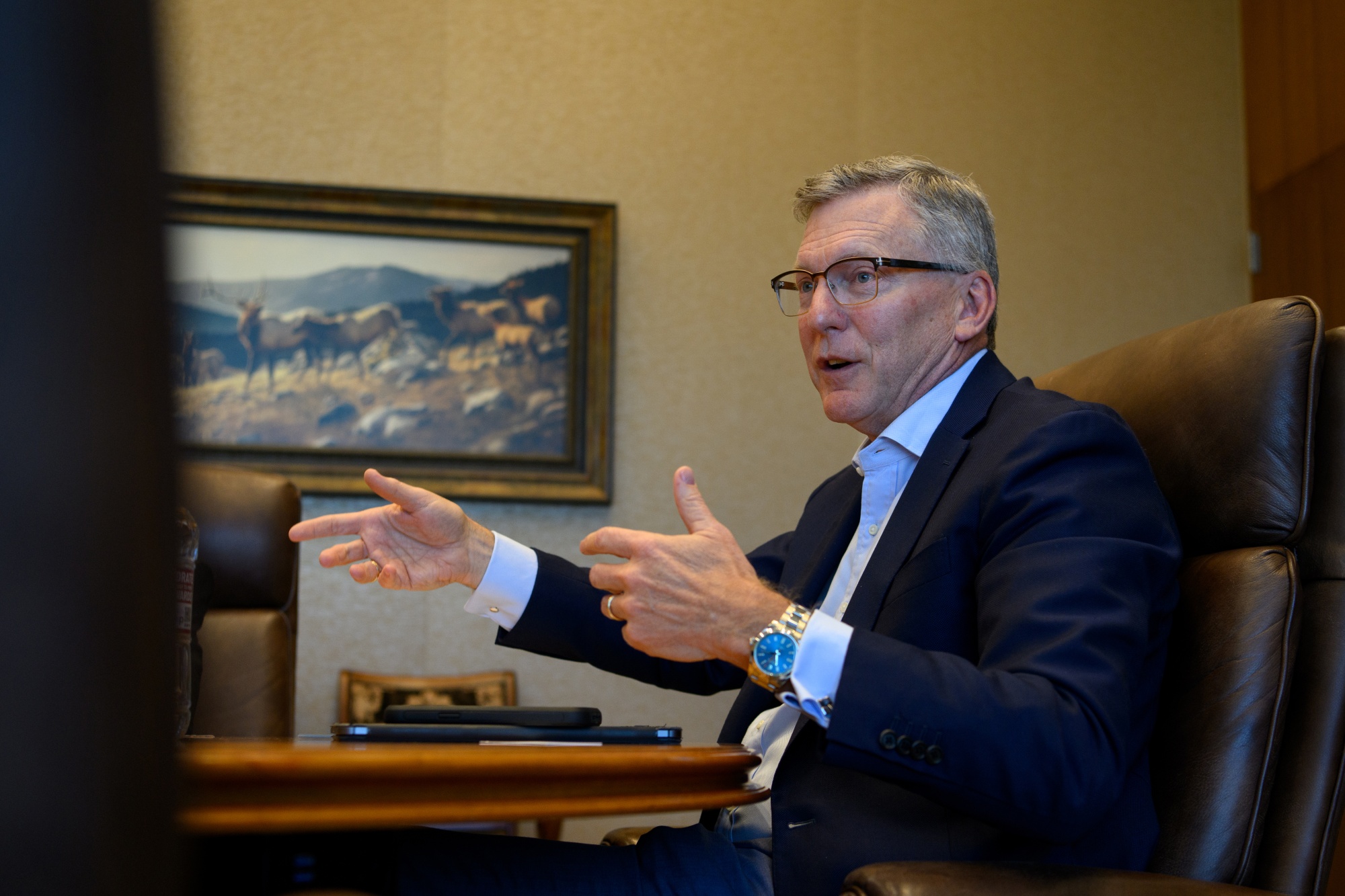 Mark Lashier, chief executive officer of Phillips 66, speaks during an interview at the company's headquarters in Houston, Texas, US, on Tuesday, March 26, 2024. Phillips 66, the No. 2 US oil refiner, expects global demand for motor fuels to grow for years even as gasoline usage in the US market begins to plateau.