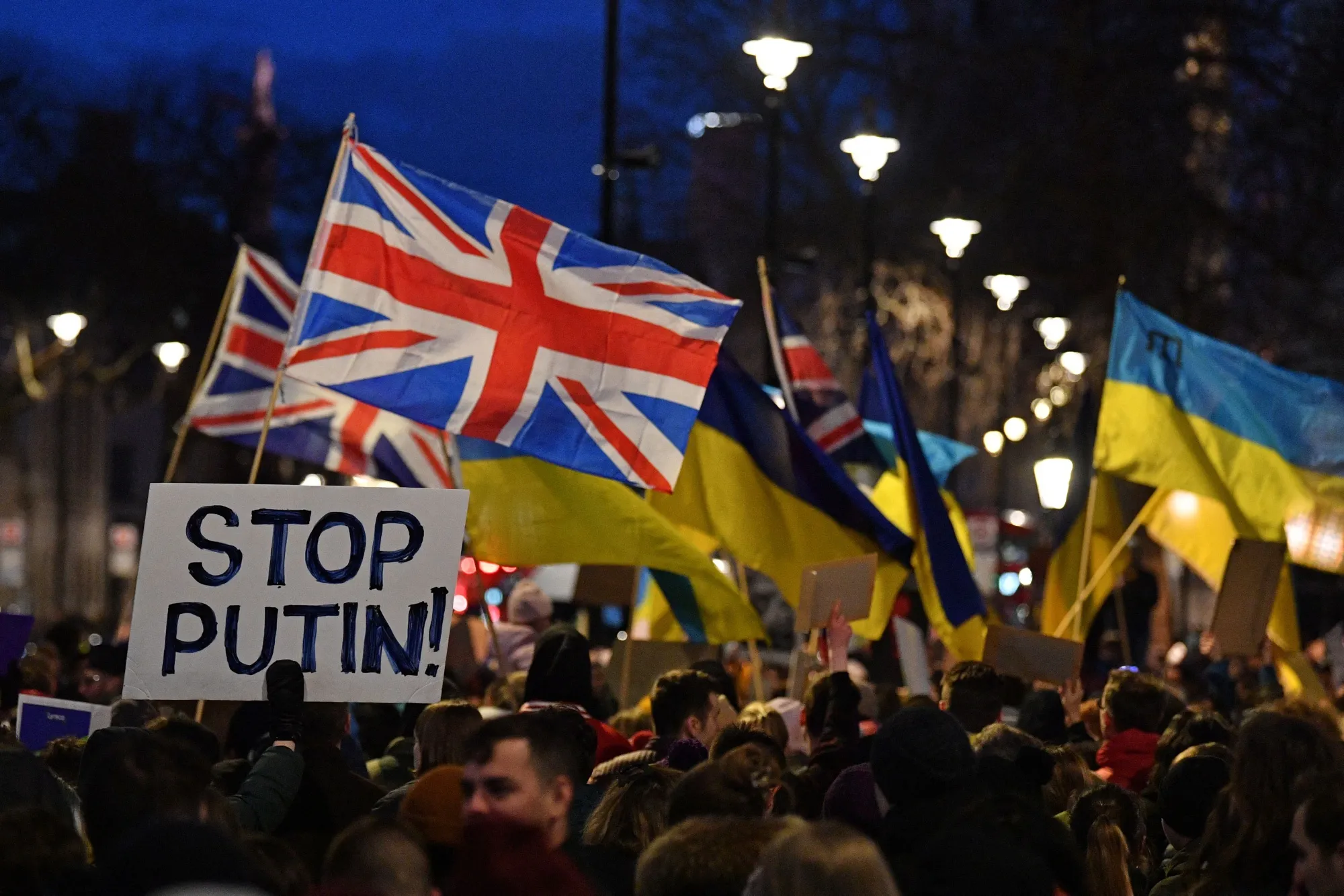 People stand with placards and Ukrainian and Union flags at a demonstration in central London.