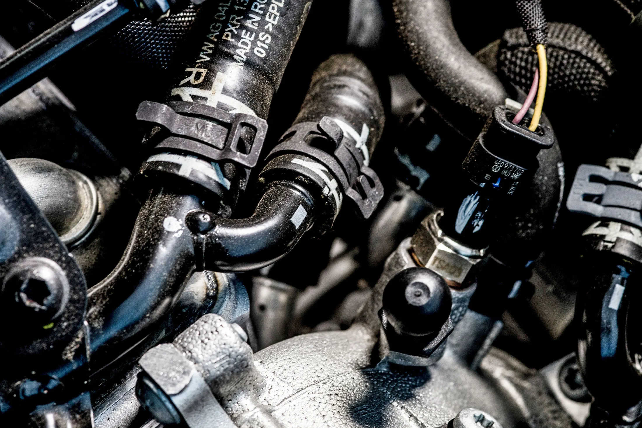 Pipework sits on the tubocharged direct injection diesel engine.
