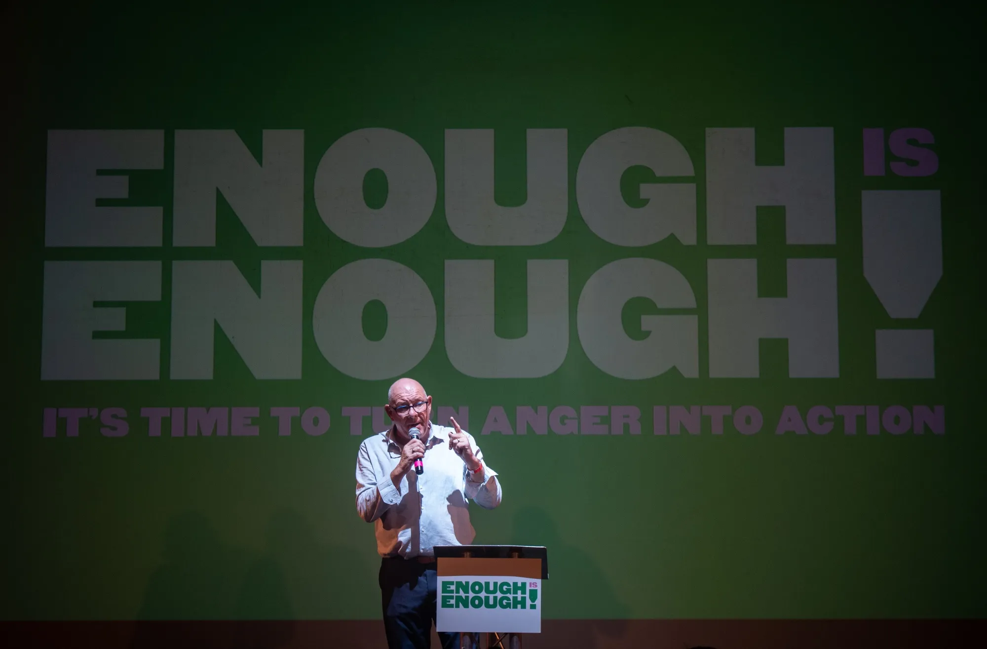 Dave Ward speaks at the Enough Is Enough rally in London, on Aug. 17.