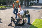 Far-right protesters clash with a counter protester during a rally in Salem, Oregon, in September.&nbsp;