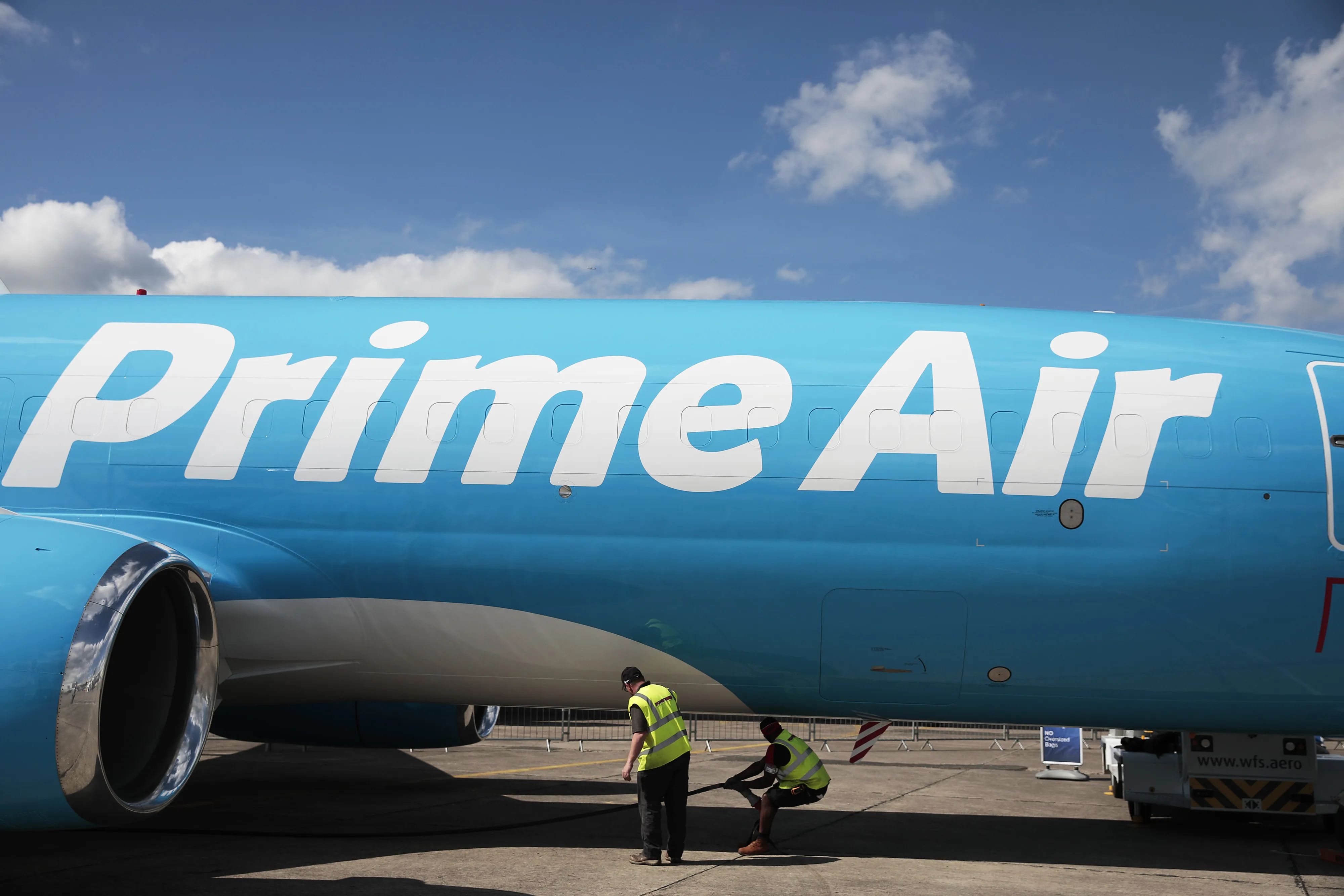 A Prime Air cargo plane sits on on display ahead of the Paris Air Show in 2019.&nbsp;